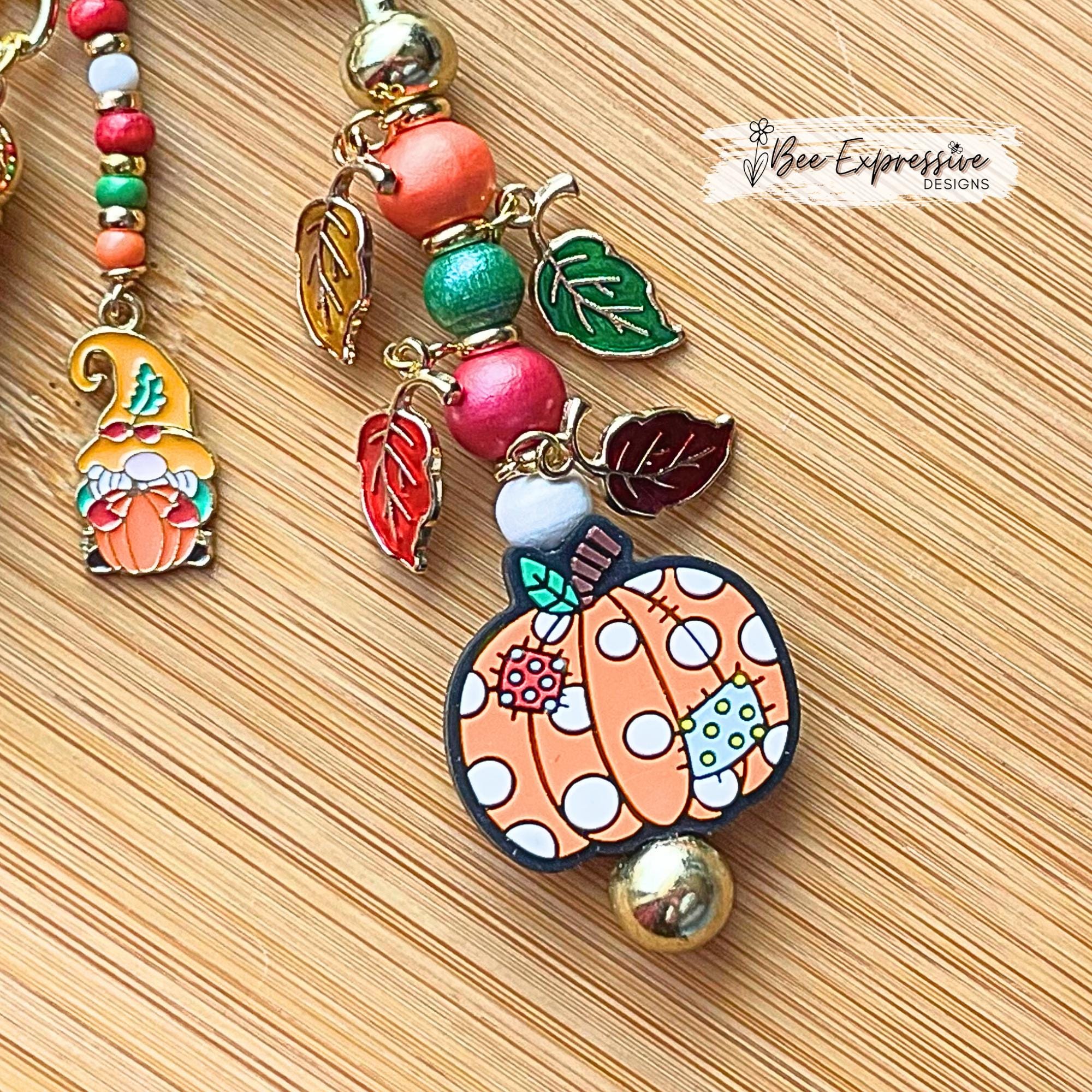 Handmade, patchwork PUMPKIN & GNOME charm, keychain! Lobster clasp, bead bar, wood beads, leaf charms, beaded tassel with a fall gnome charm