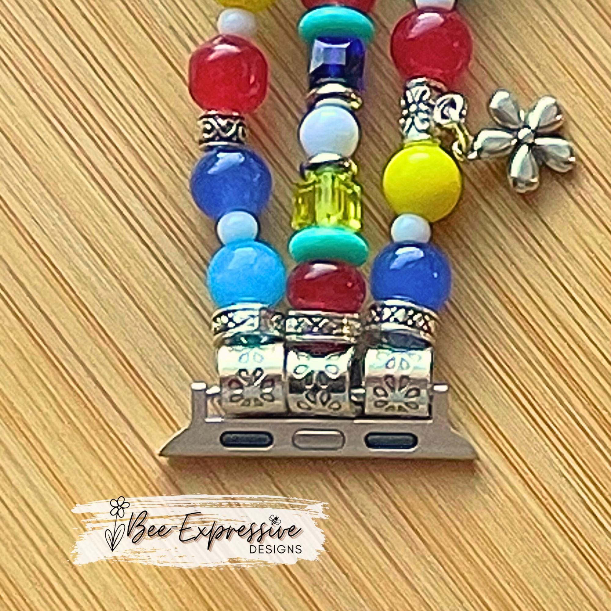 Colorful, AUTISM, beaded watch bracelet for Apple face! Acrylic beads, 5 charms, a cross & star charm, custom sizes, pick adapter color!