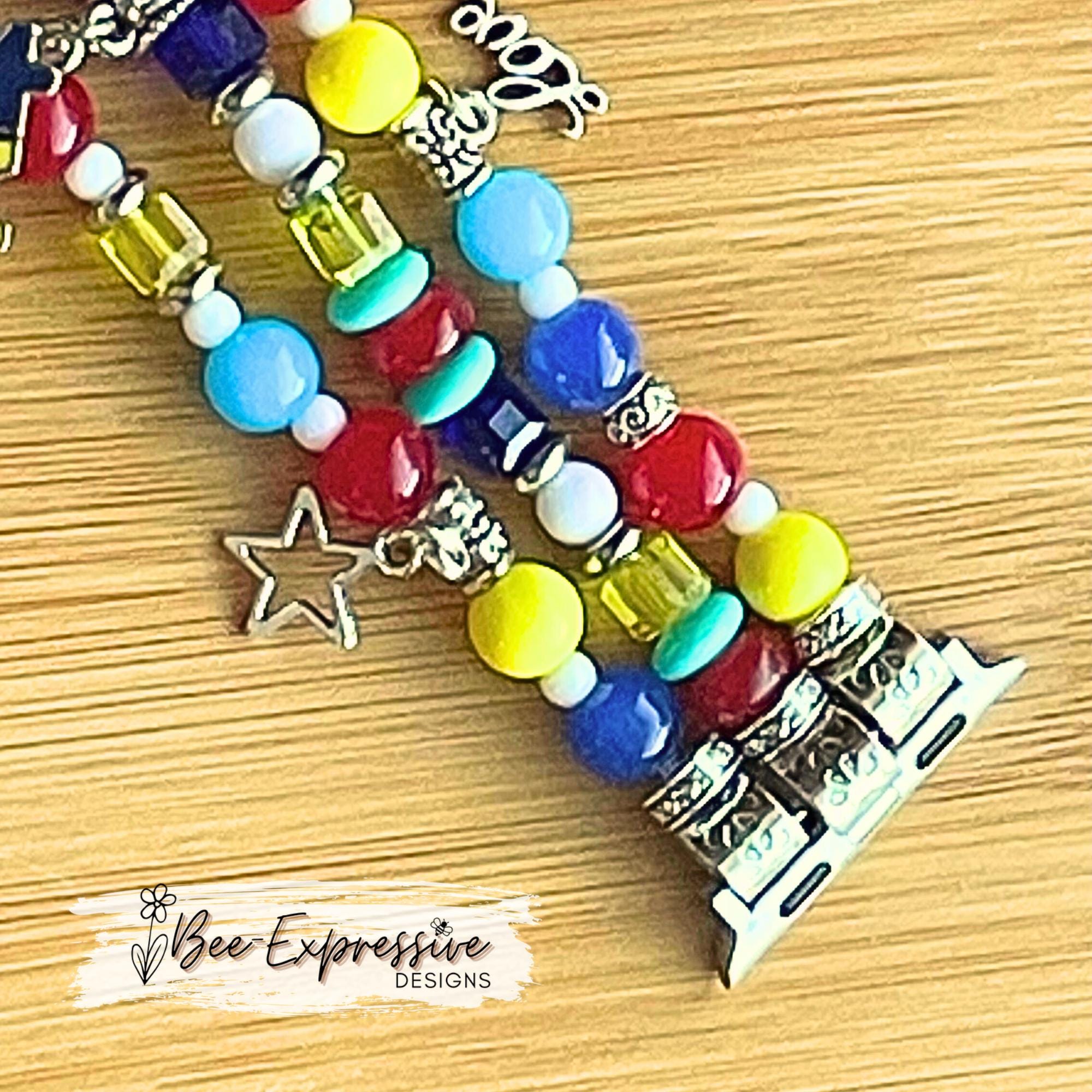 Colorful, AUTISM, beaded watch bracelet for Apple face! Acrylic beads, 5 charms, a cross & star charm, custom sizes, pick adapter color!