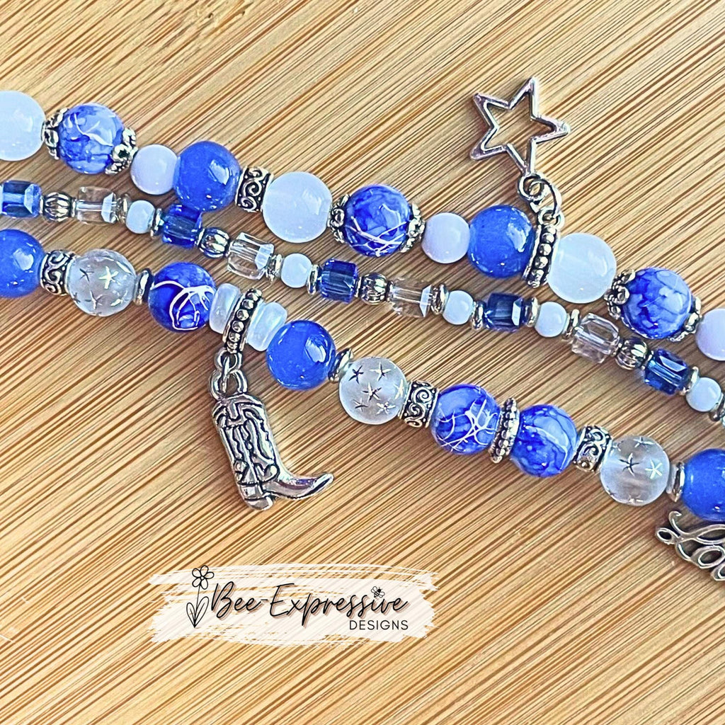 BEADED watch bracelet for Apple Watch! Blue, white, silver with 3 charms, a boot, a star, & Love! Acrylic, custom sizes, pick adapter color!