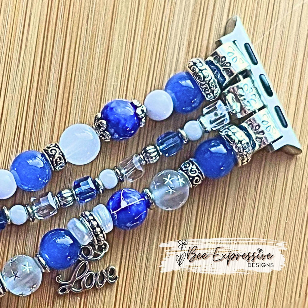 BEADED watch bracelet for Apple Watch! Blue, white, silver with 3 charms, a boot, a star, & Love! Acrylic, custom sizes, pick adapter color!