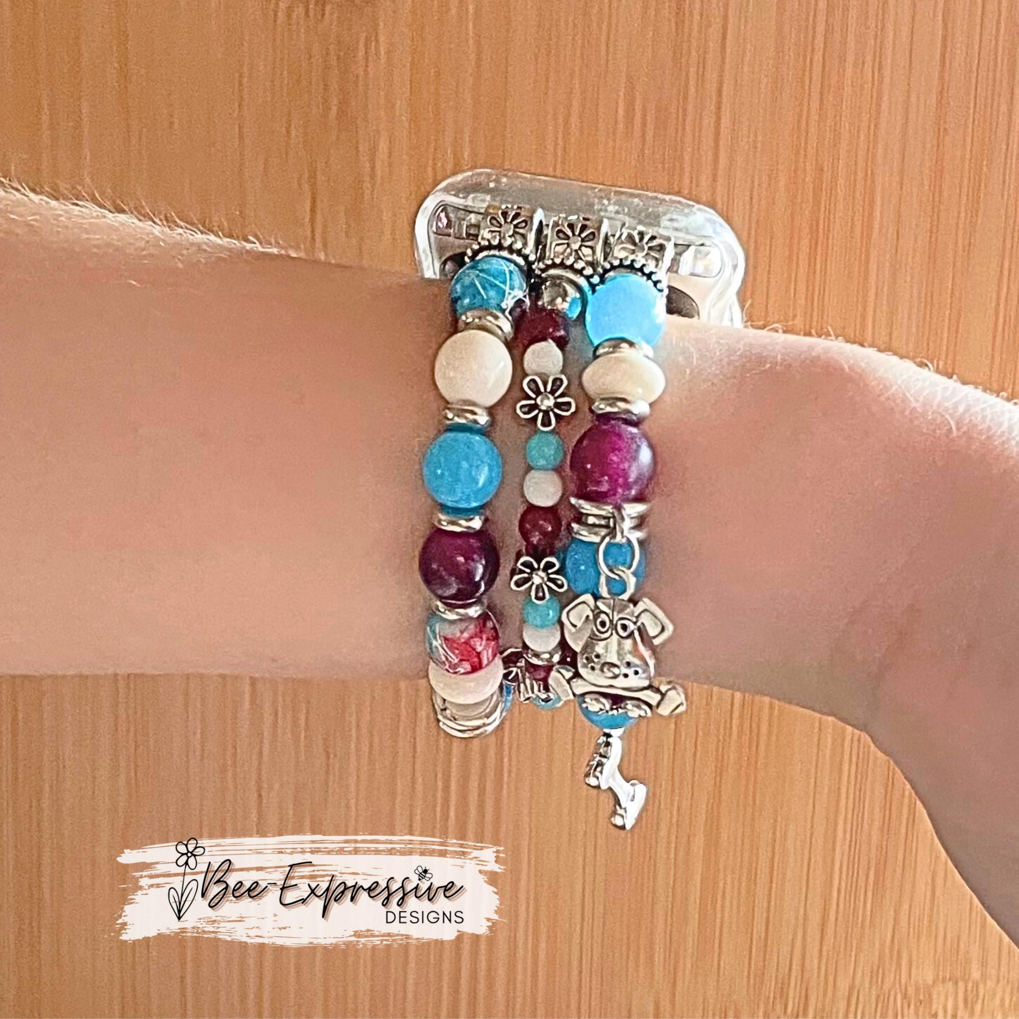 Handmade, unique, DOG beaded watch bracelet with 3 charms, a heart, a bone, & a dog face! Acrylic, glass, custom sizes, pick adapter color!!