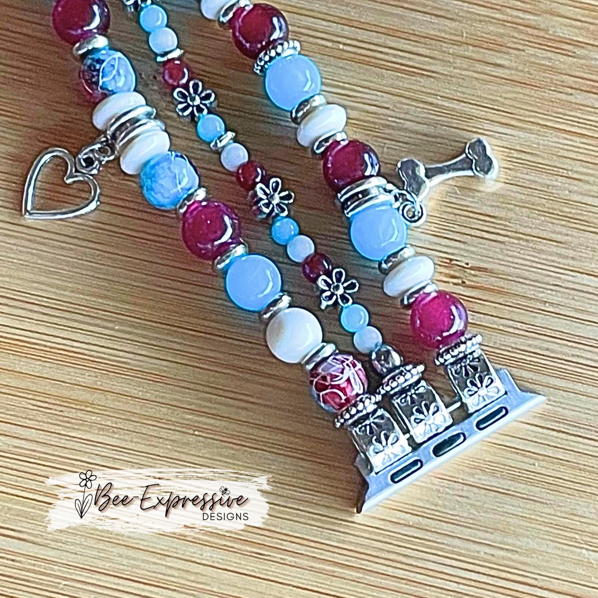 Handmade, unique, DOG beaded watch bracelet with 3 charms, a heart, a bone, & a dog face! Acrylic, glass, custom sizes, pick adapter color!!