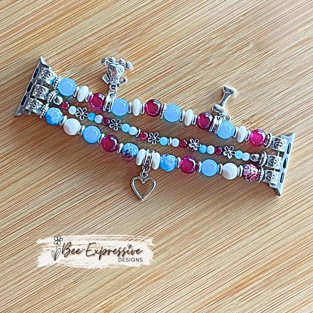 Handmade, unique, DOG beaded watch bracelet with 3 charms, a heart, a bone, & a dog face! Acrylic, glass, custom sizes, pick adapter color!!