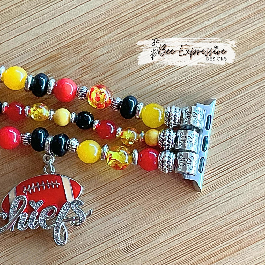 Handmade, beaded KANSAS CITY football, watch band! Acrylic & glass beads, KC and chiefs charm, custom sizes, includes choice color adapters!