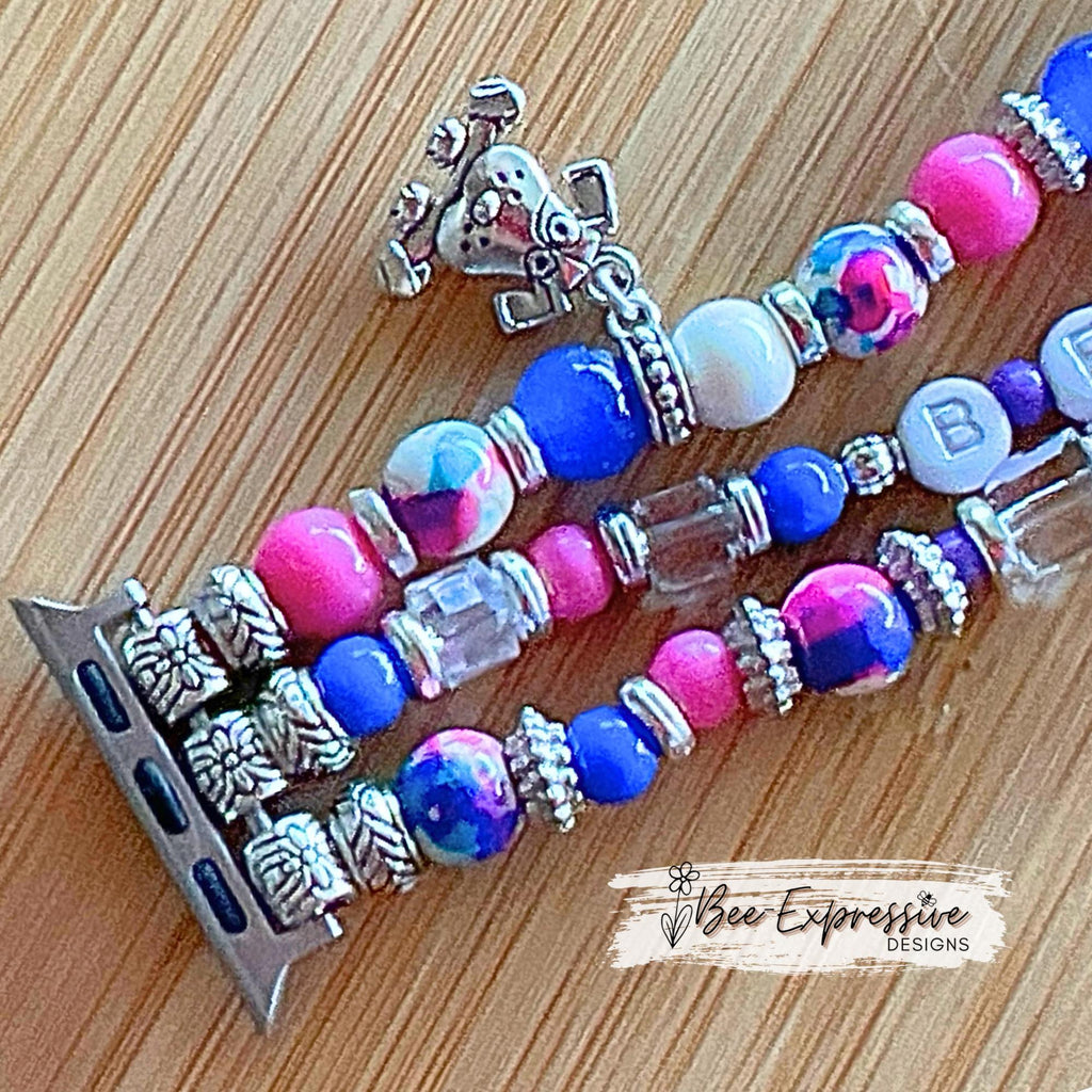 DOG name, beaded watch bracelet! 3 charms, bone, dog face, & paw print! Can customize sizes, name, and adapter colors!