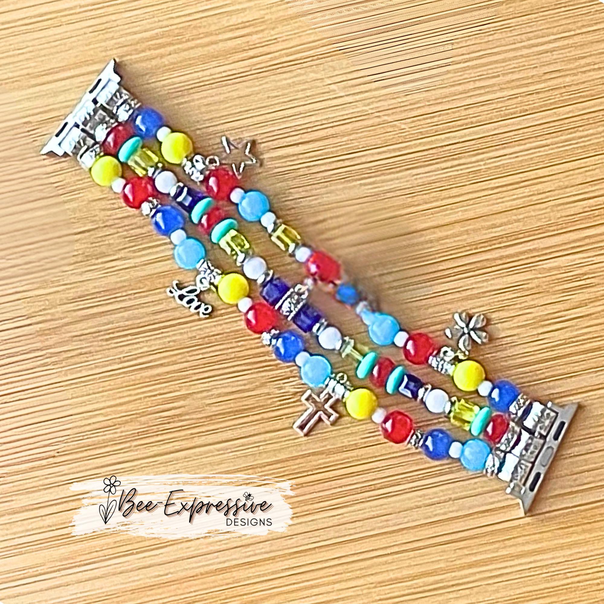 Colorful, AUTISM, beaded watch bracelet for Apple face! Acrylic beads, 5 charms, a cross & star charm, custom sizes, pick adapter color!
