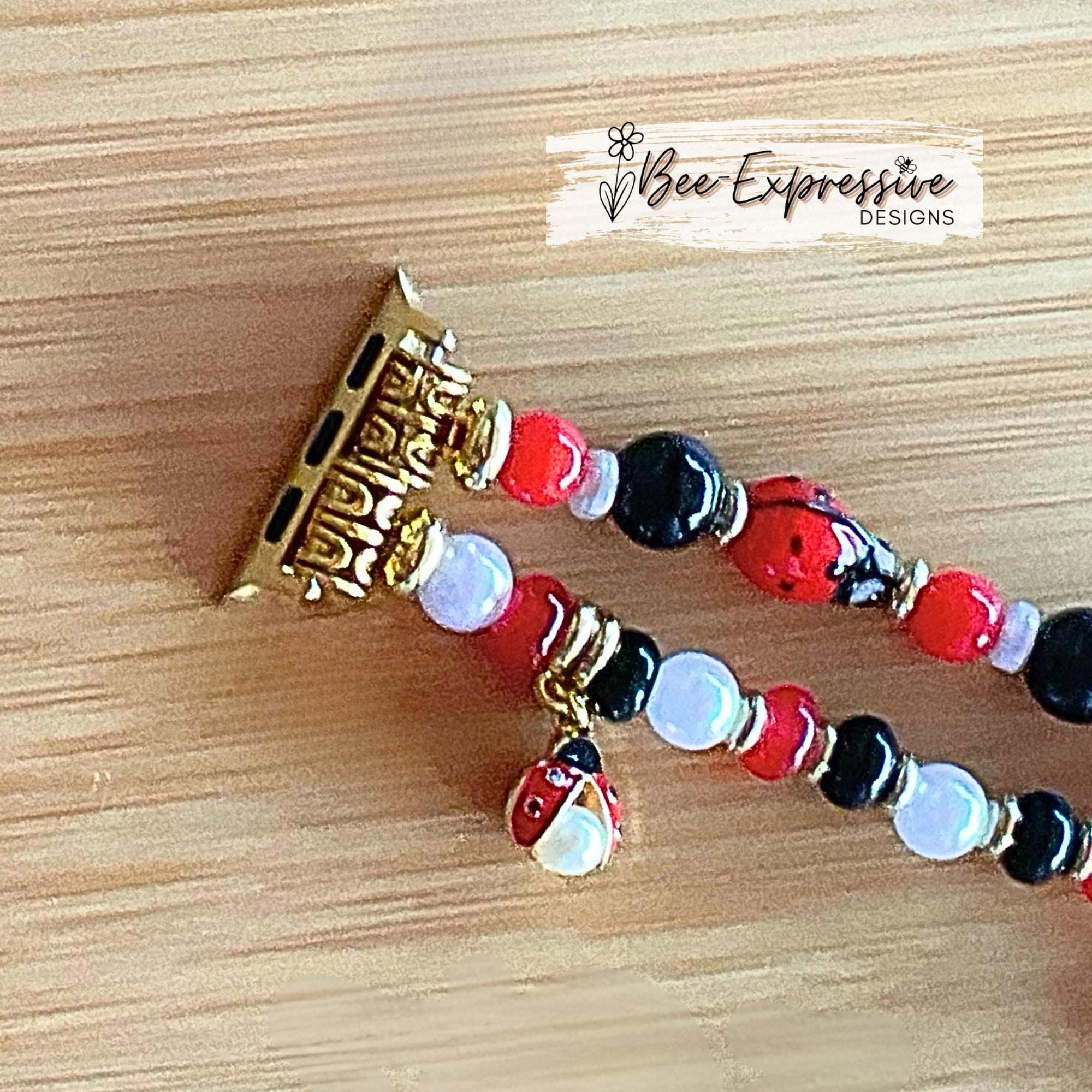 Handmade, LADY BUG beaded watch bracelet! Gold toned, glass beads, acrylic beads, 2 ladybug charms & beads, custom sizes and adapter color