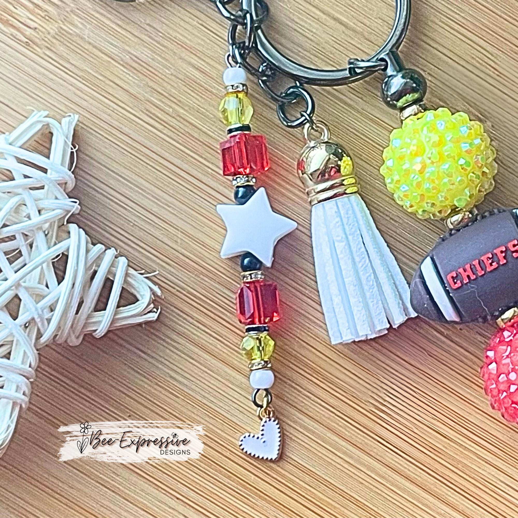 Handmade, FOOTBALL beaded keychain! Silicone football bead says CHIEFS, acrylic chunky beads, gold spacers, beaded tassel, star, heart charm