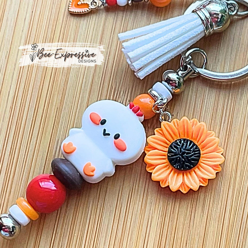 Handmade, silicone CHICKEN keychain! Lobster or swivel clasp, bead bar, acrylic, flower charm, spacers, beaded tassel with a heart charm!