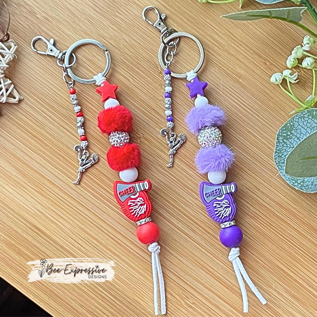 Customizable, CHEERLEADER keychain! Swivel clasp, keyring, cord, fuzzy beads, rhinestone beads, beaded tassel, cheerleader metal charm!