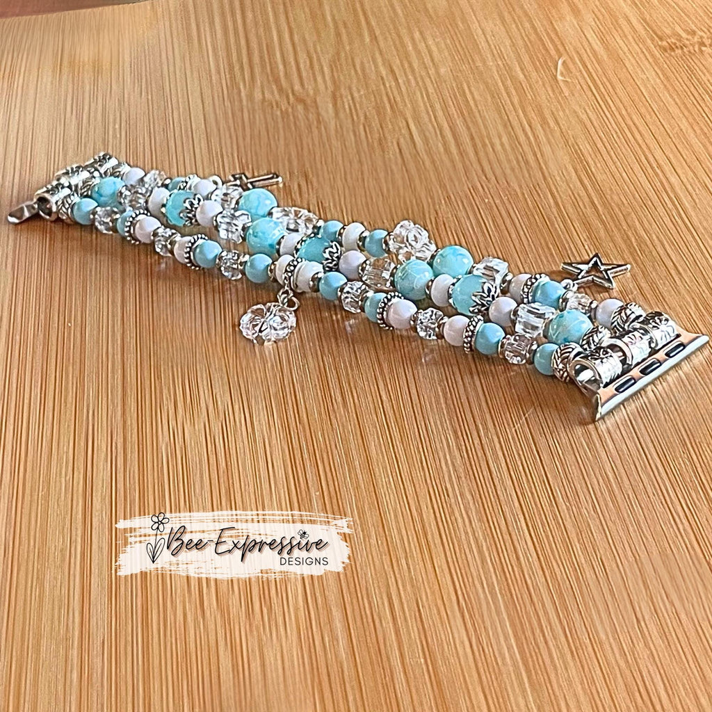 Handmade, unique, baby BLUE,WHITE,SILVER acrylic beaded watch bracelet! 3 charms, floral bead caps,  custom sizes, pick adapter color!!