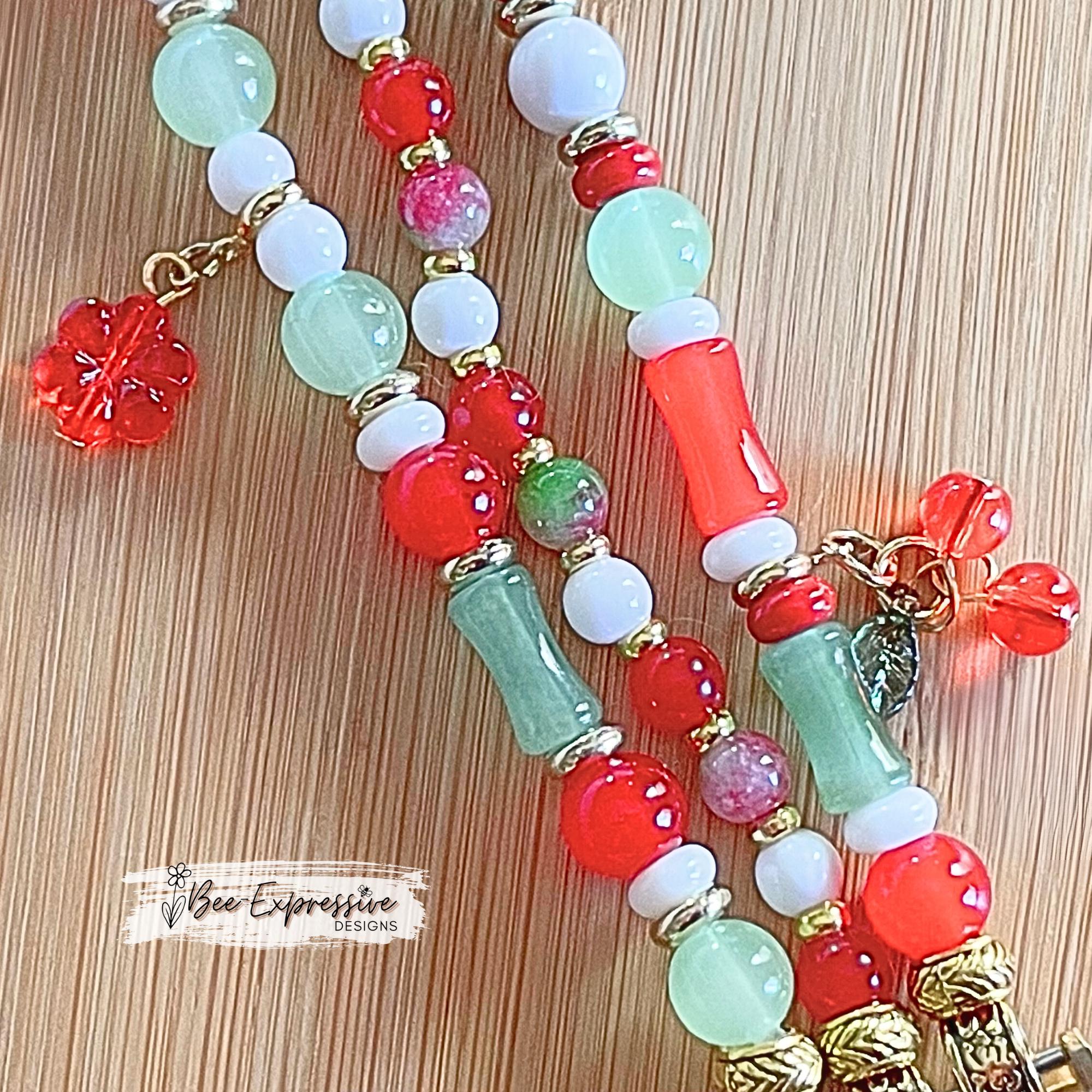 Handmade, unique, CHERRY beaded watch bracelet! 3 charms, acrylic and glass beads, cherry charms, custom sizes, pick adapter color!!
