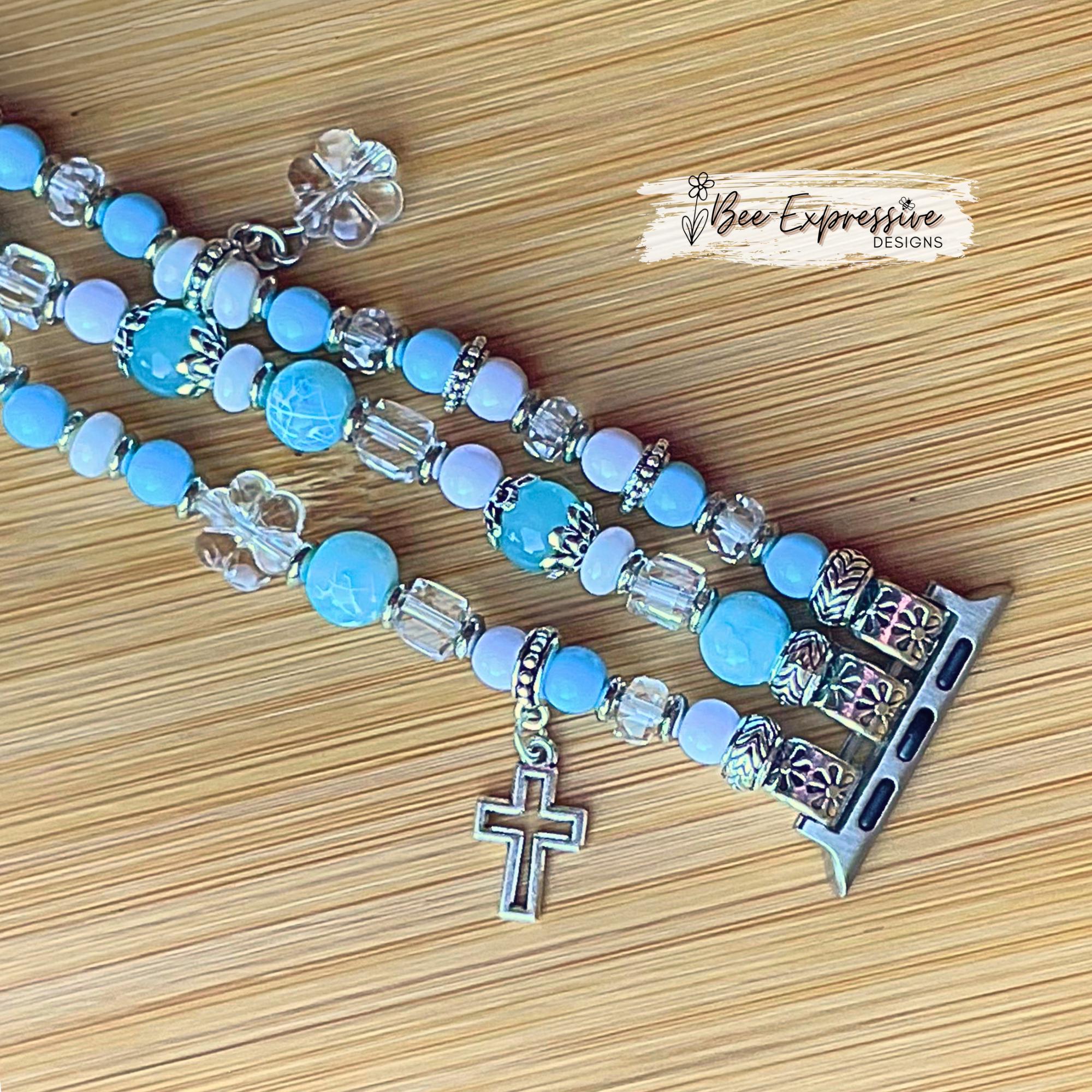 Handmade Beaded Watch Bracelet for Apple Watches: Cross, Star, and Flower Charms, custom sizes!