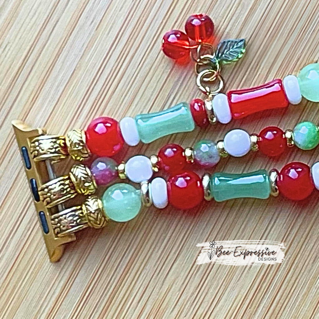 Handmade Cherry Beaded Apple Watch Bracelet with Charms