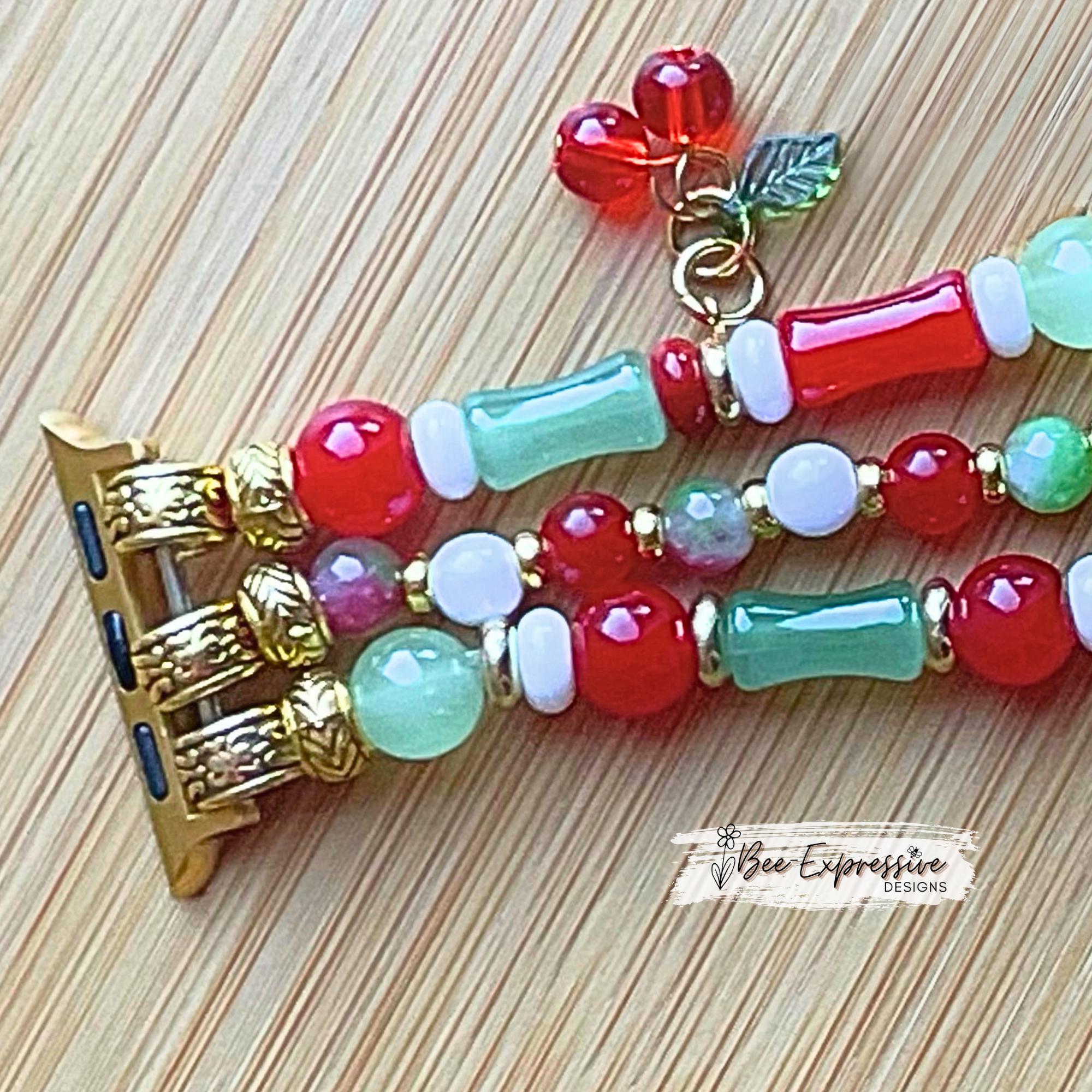 Handmade Cherry Beaded Apple Watch Bracelet with Charms