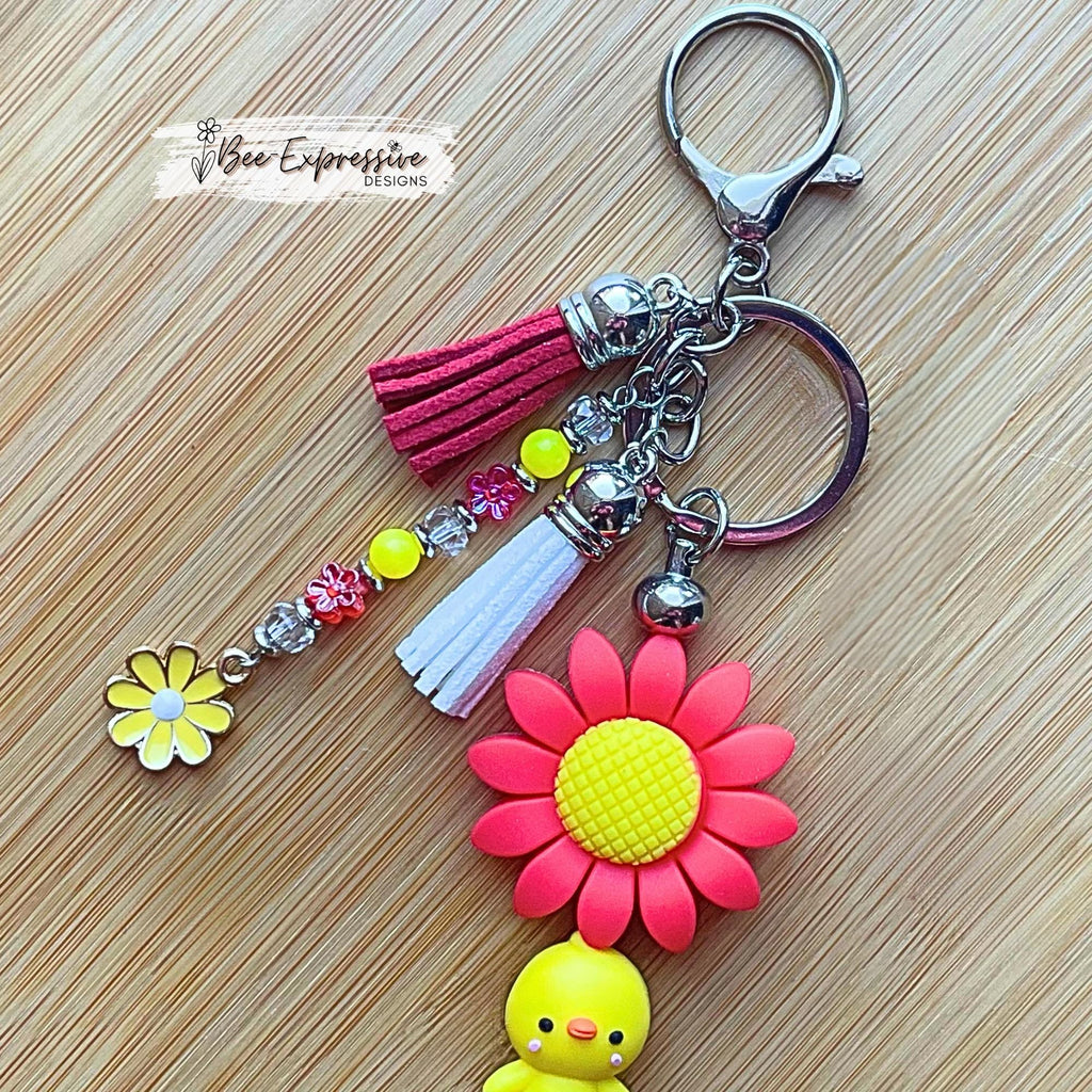 Handmade, silicone 3D DUCK & SUNFLOWER keychain! Lobster clasp, bead bar, acrylic beaded tassel with square beads and a yellow daisy charm!
