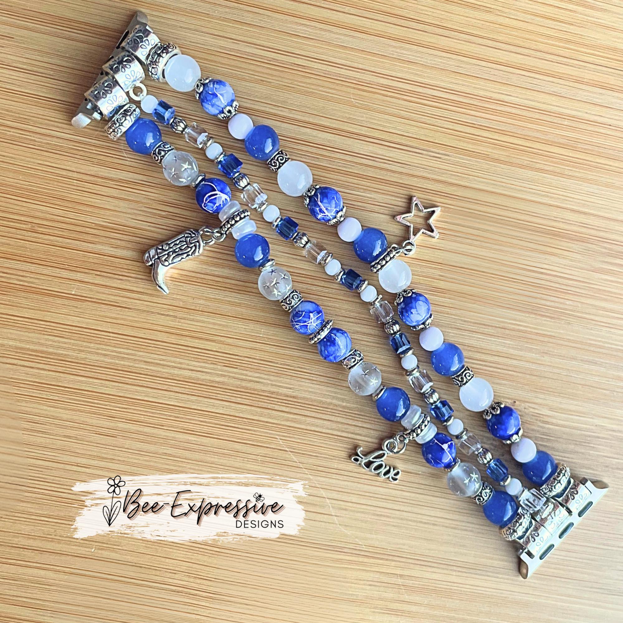 BEADED watch bracelet for Apple Watch! Blue, white, silver with 3 charms, a boot, a star, & Love! Acrylic, custom sizes, pick adapter color!