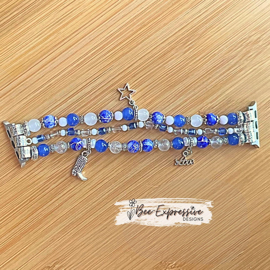 BEADED watch bracelet for Apple Watch! Blue, white, silver with 3 charms, a boot, a star, & Love! Acrylic, custom sizes, pick adapter color!