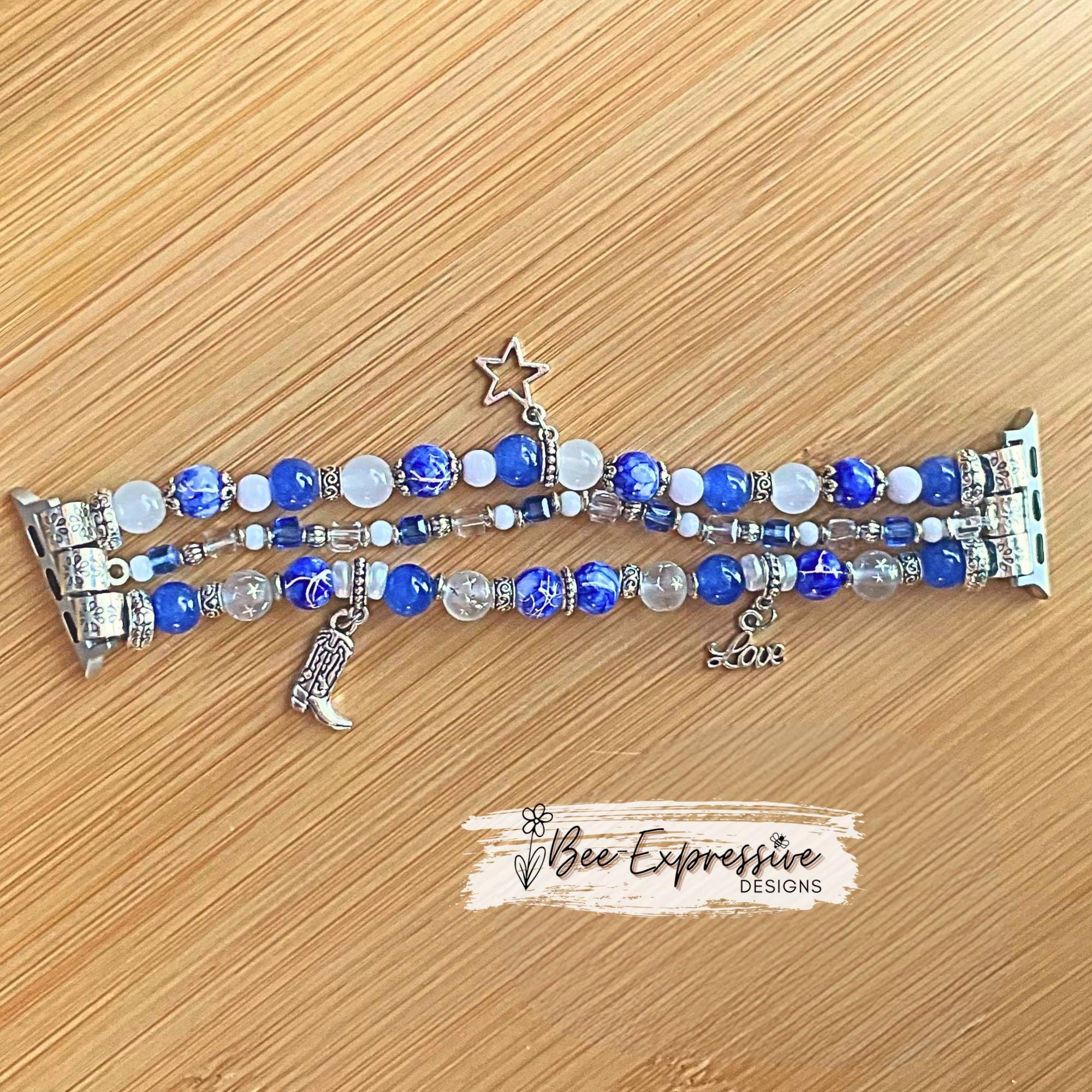 BEADED watch bracelet for Apple Watch! Blue, white, silver with 3 charms, a boot, a star, & Love! Acrylic, custom sizes, pick adapter color!