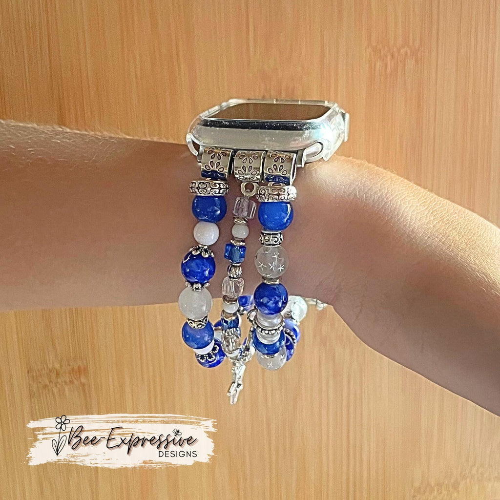 Handmade Blue Beaded Apple Watch Bracelet with Boot, Star & Love Charms