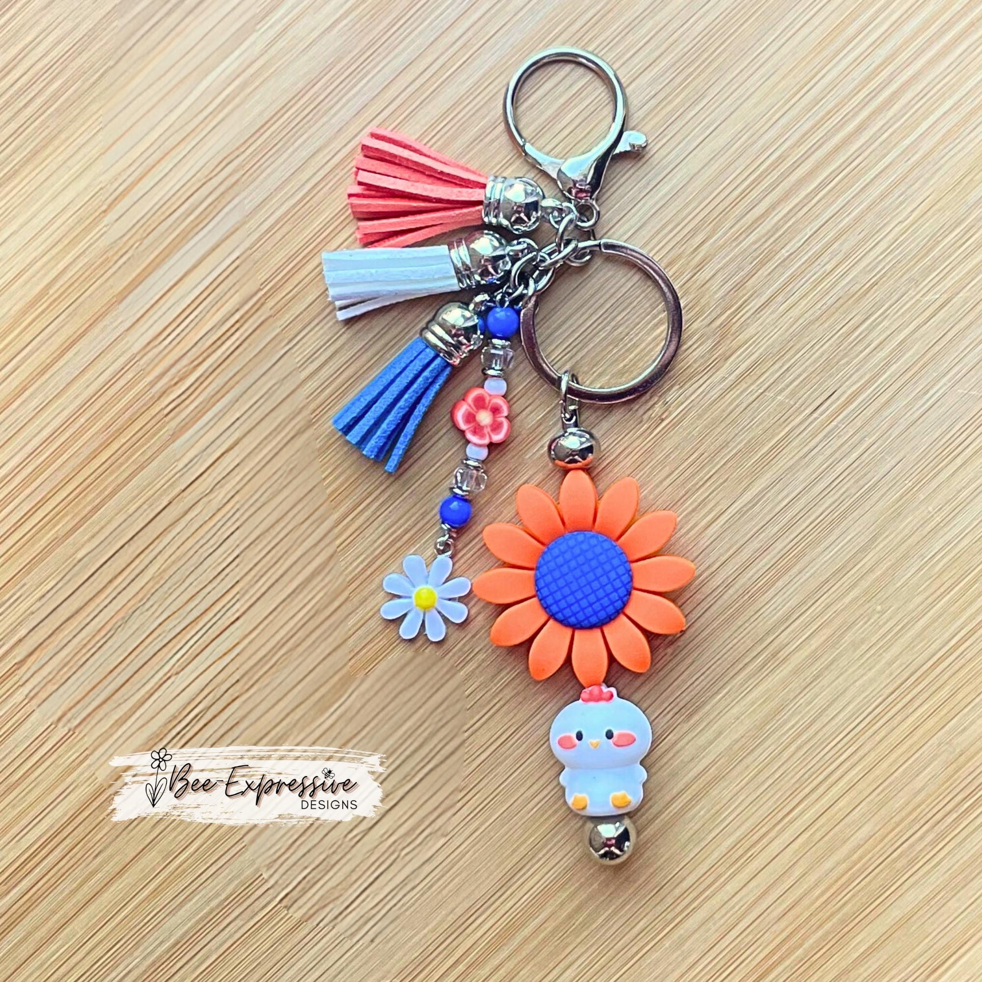 Handmade Chicken & Daisy Keychain: Beaded Tassel Charm