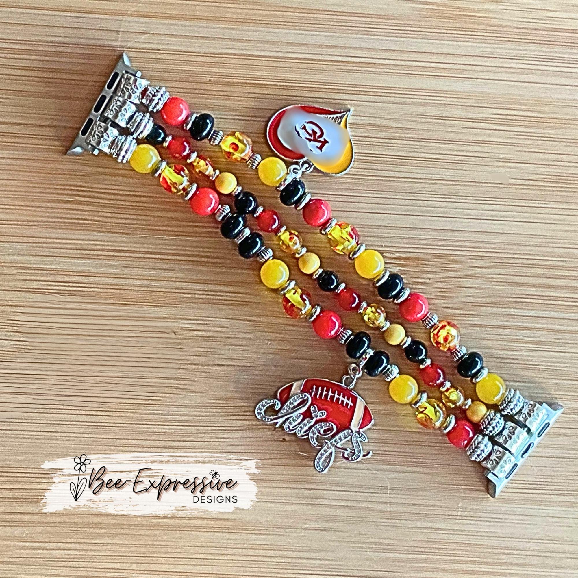 Handmade KC Chiefs Beaded Apple Watch Band with Charms