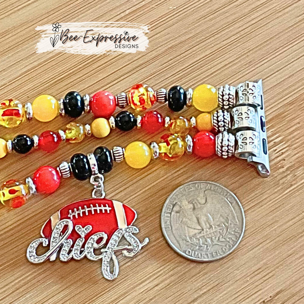 Handmade, beaded KANSAS CITY football, watch band! Acrylic & glass beads, KC and chiefs charm, custom sizes, includes choice color adapters!