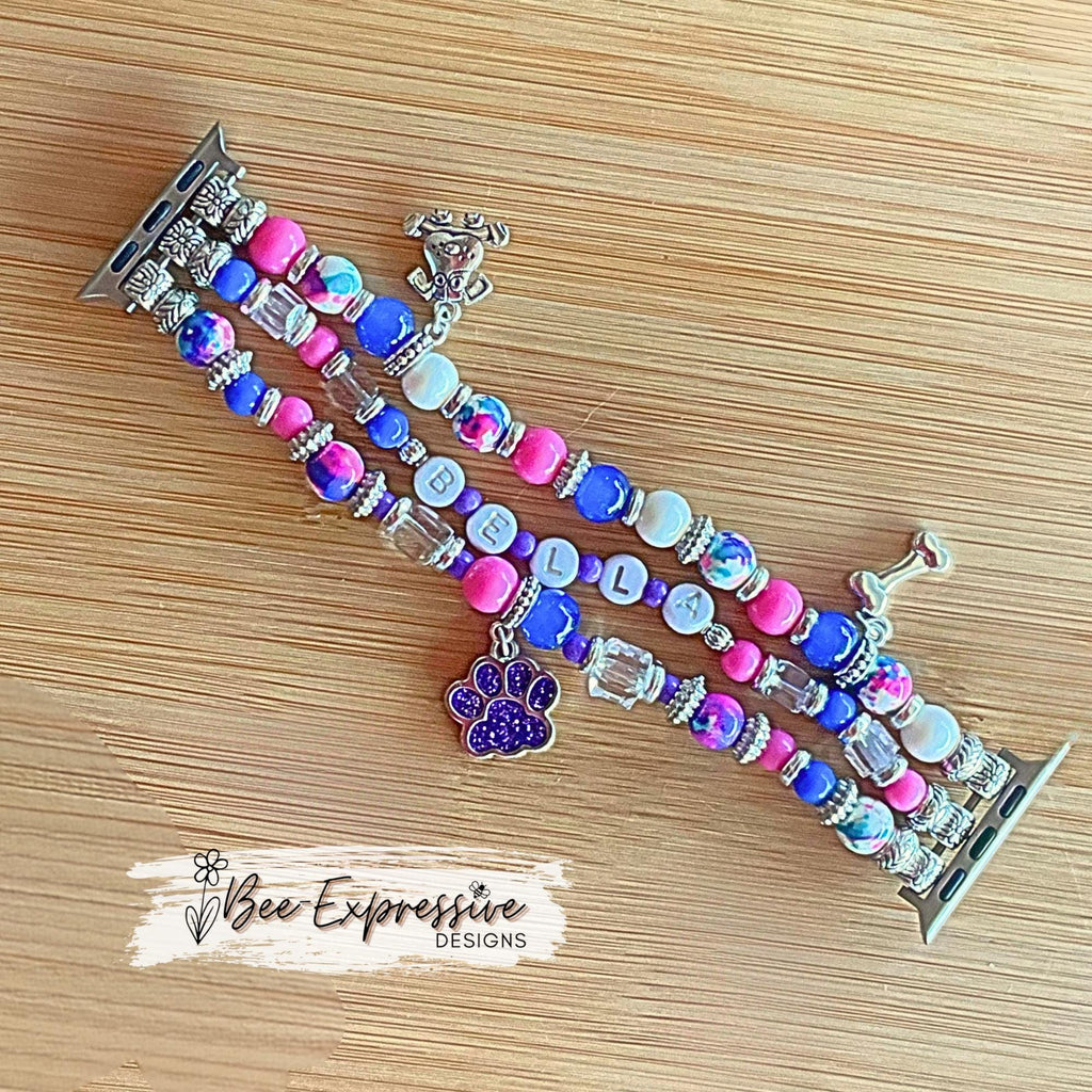 Personalized Dog Name Beaded Apple Watch Band: Bone, Paw, Face Charms