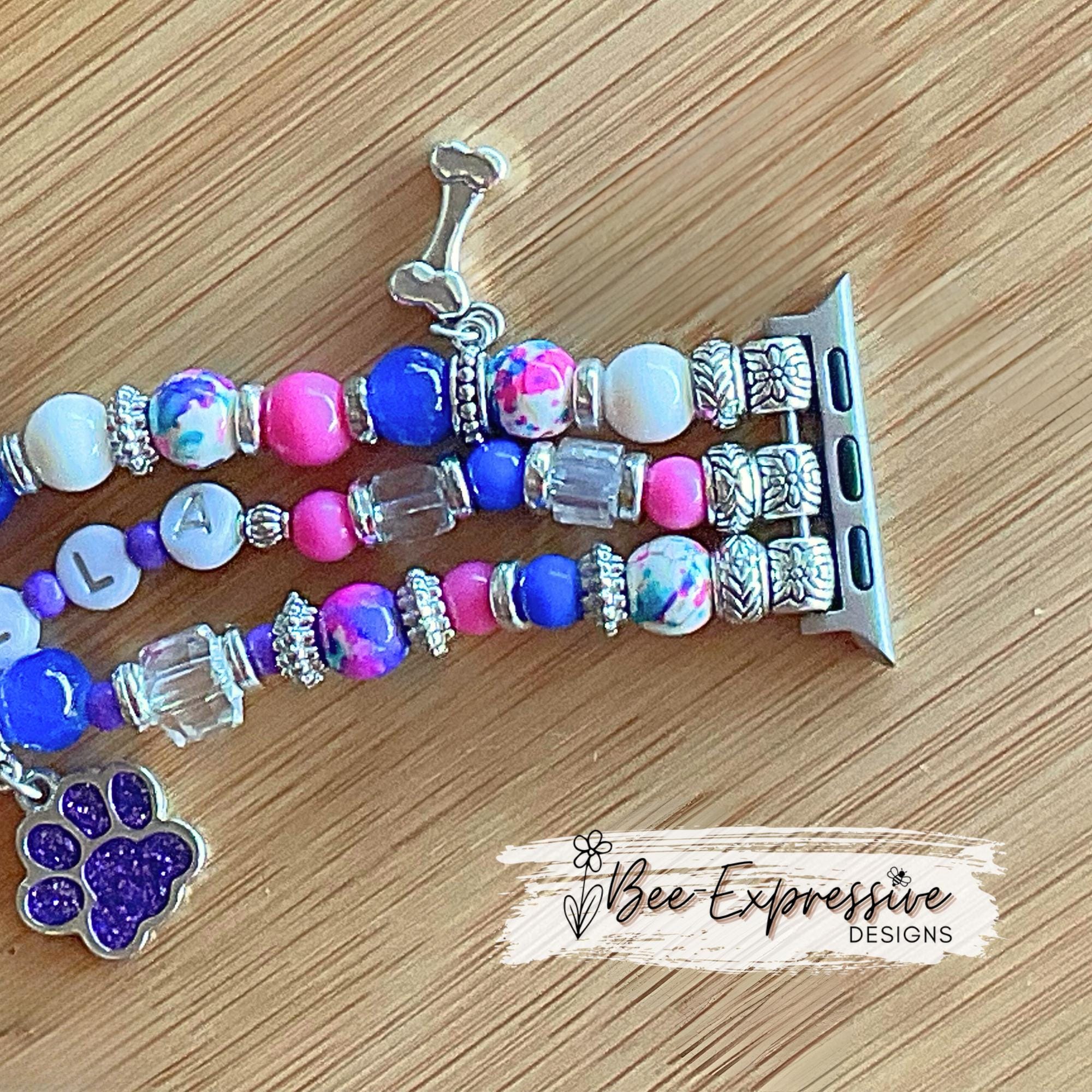 Personalized Dog Name Beaded Apple Watch Band: Bone, Paw, Face Charms