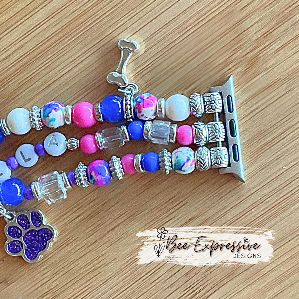 DOG name, beaded watch bracelet! 3 charms, bone, dog face, & paw print! Can customize sizes, name, and adapter colors!