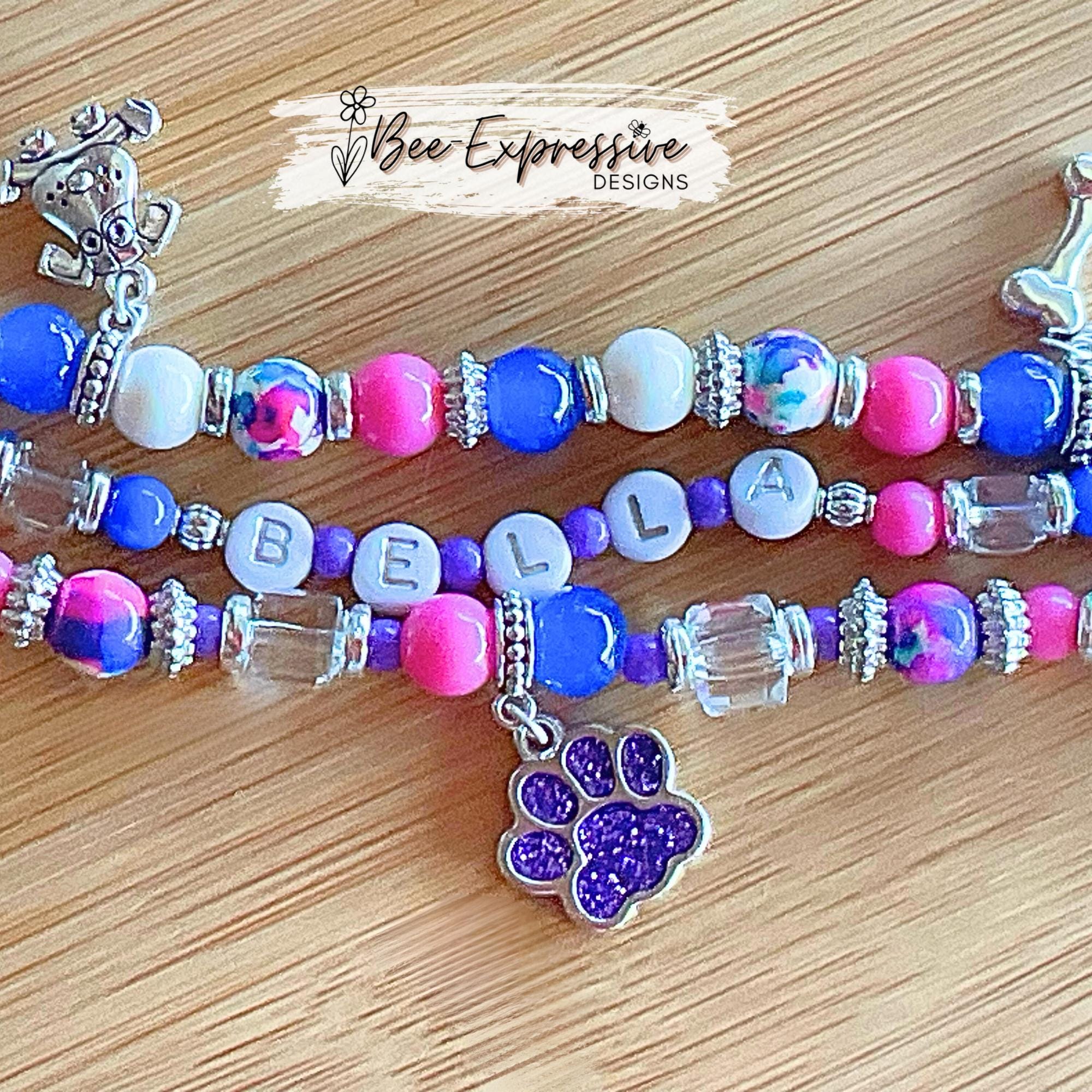 DOG name, beaded watch bracelet! 3 charms, bone, dog face, & paw print! Can customize sizes, name, and adapter colors!