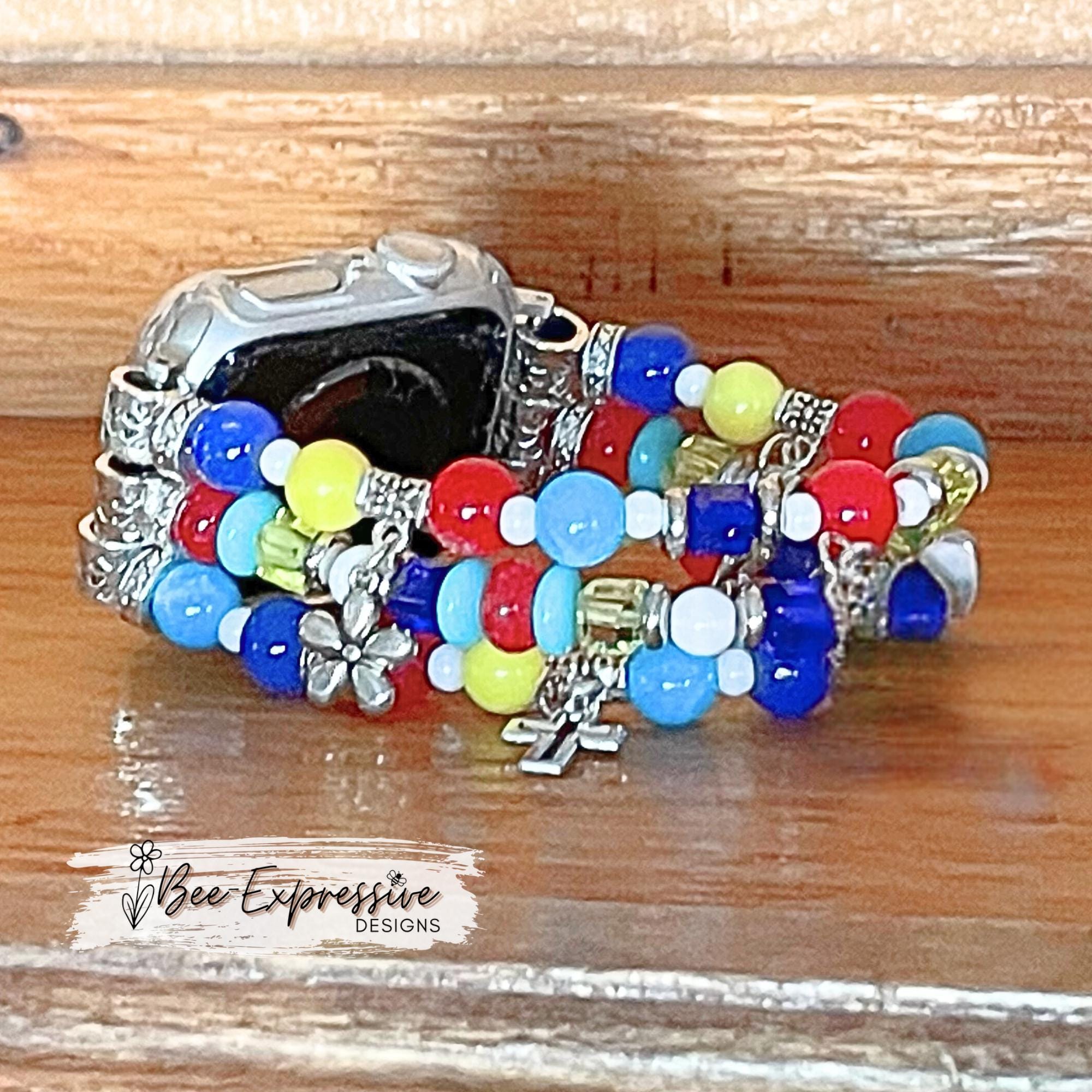 Colorful, AUTISM, beaded watch bracelet for Apple face! Acrylic beads, 5 charms, a cross & star charm, custom sizes, pick adapter color!