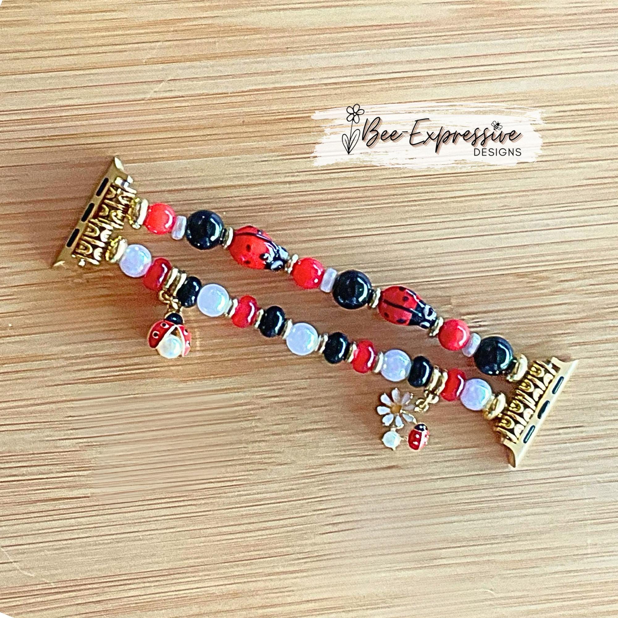 Handmade Ladybug Beaded Apple Watch Bracelet: Gold Toned Custom Size