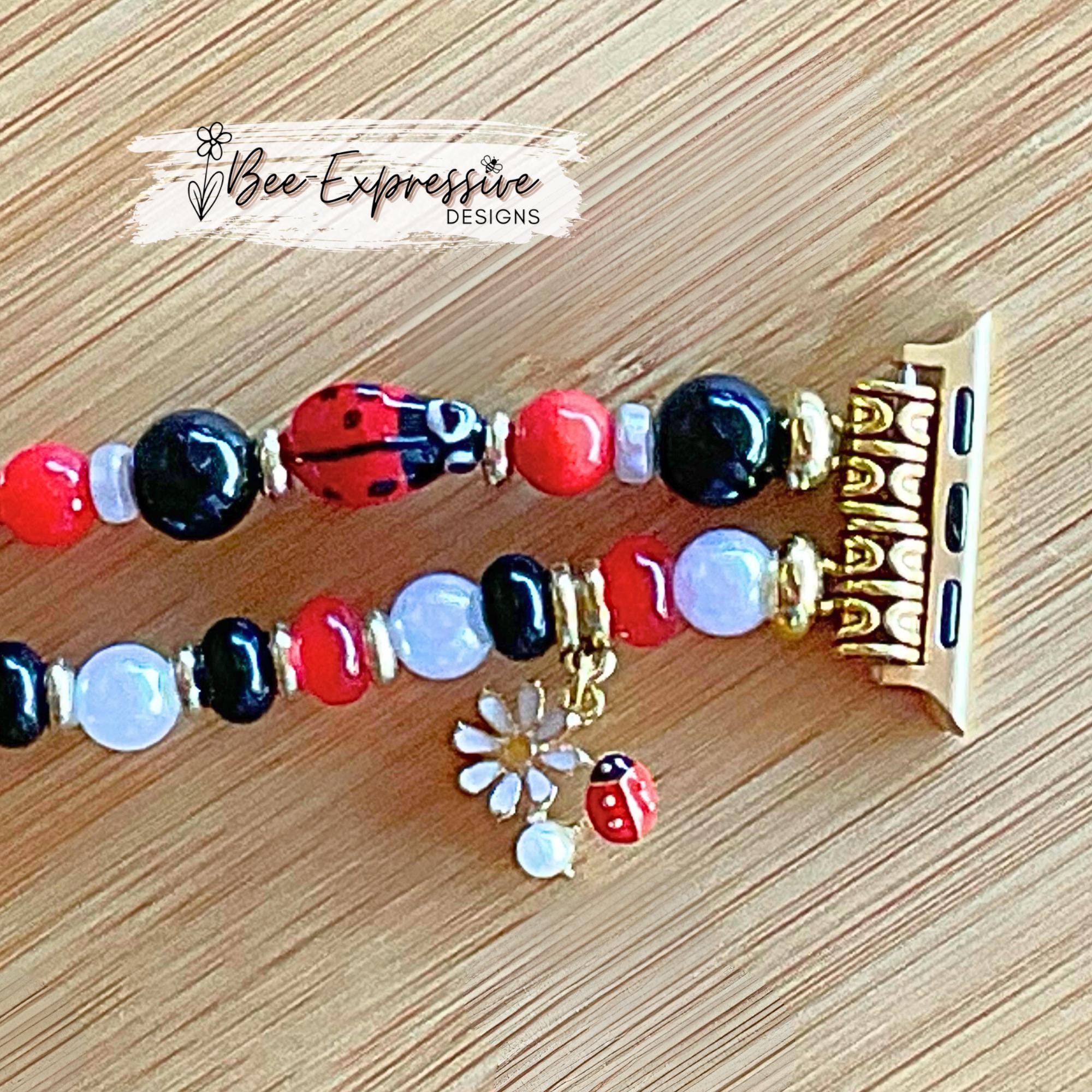 Handmade, LADY BUG beaded watch bracelet! Gold toned, glass beads, acrylic beads, 2 ladybug charms & beads, custom sizes and adapter color
