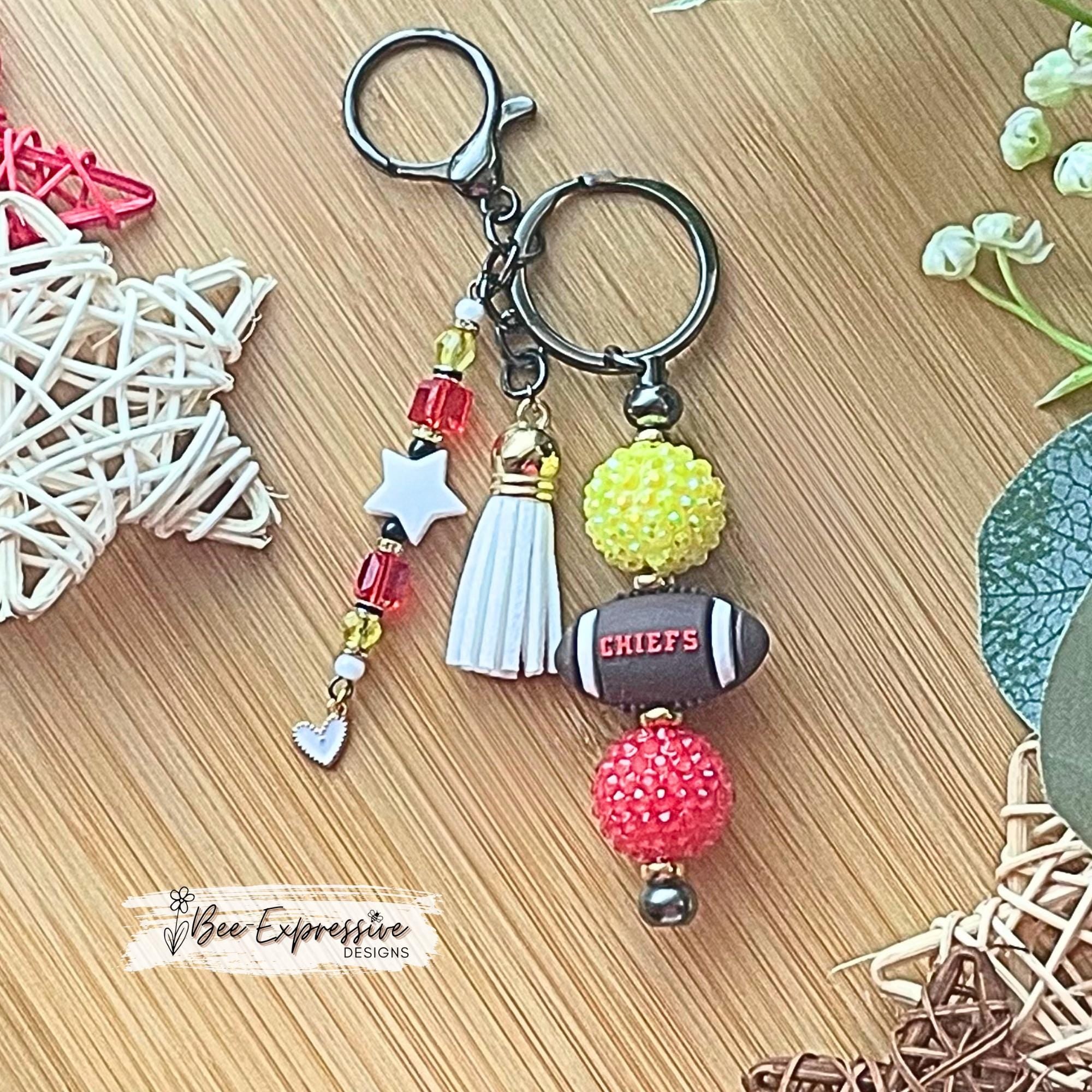 Handmade Chiefs Football Beaded Keychain: Rhinestone Tassel Charm