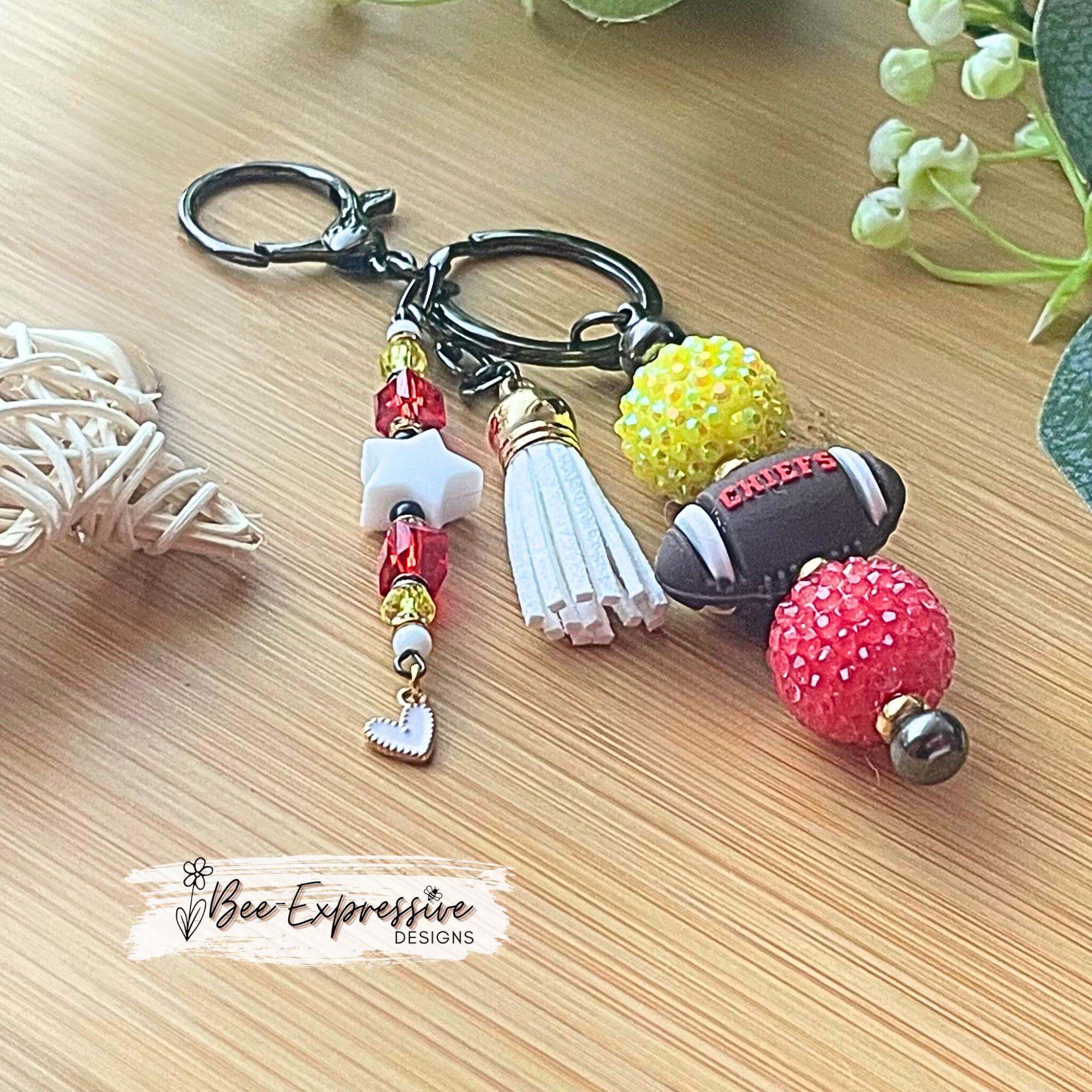 Handmade, FOOTBALL beaded keychain! Silicone football bead says CHIEFS, acrylic chunky beads, gold spacers, beaded tassel, star, heart charm