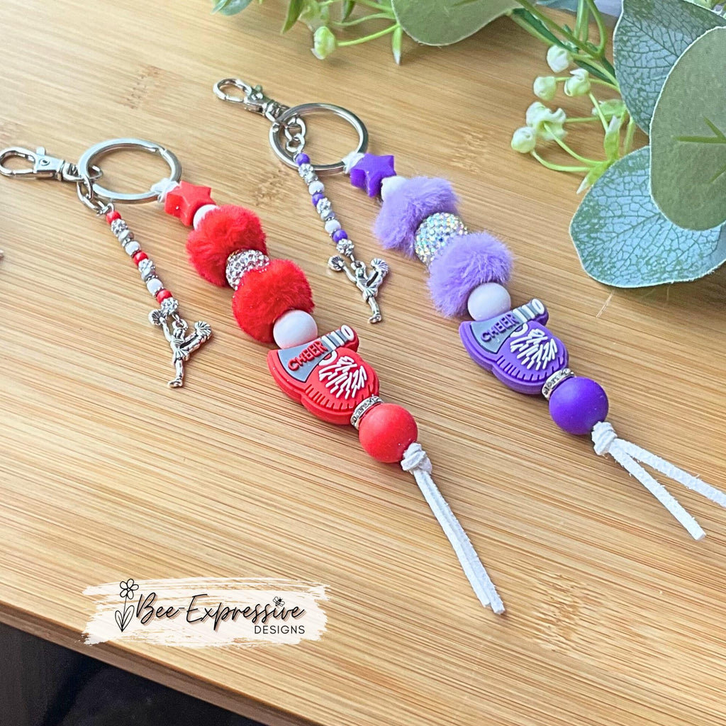 Customizable, CHEERLEADER keychain! Swivel clasp, keyring, cord, fuzzy beads, rhinestone beads, beaded tassel, cheerleader metal charm!
