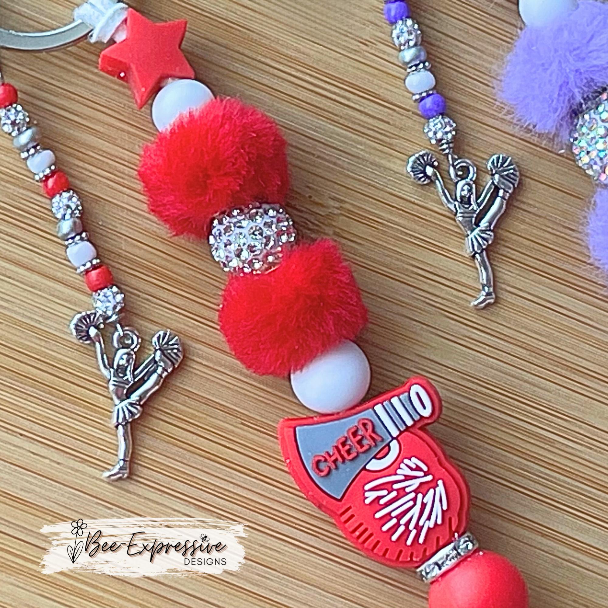 Customizable, CHEERLEADER keychain! Swivel clasp, keyring, cord, fuzzy beads, rhinestone beads, beaded tassel, cheerleader metal charm!