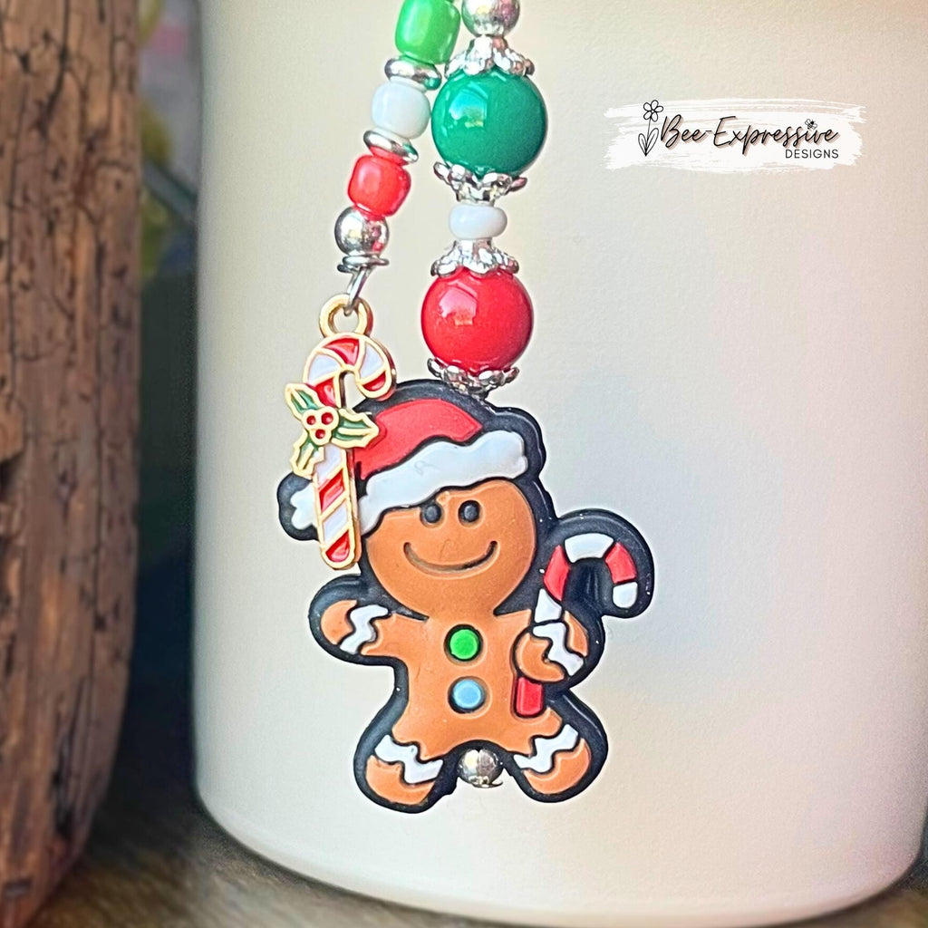 Handmade, unique GINGERBREAD man Christmas tumbler charm chain! Acrylic & silicone beads, floral bead caps, beaded tassel, candy cane charm!