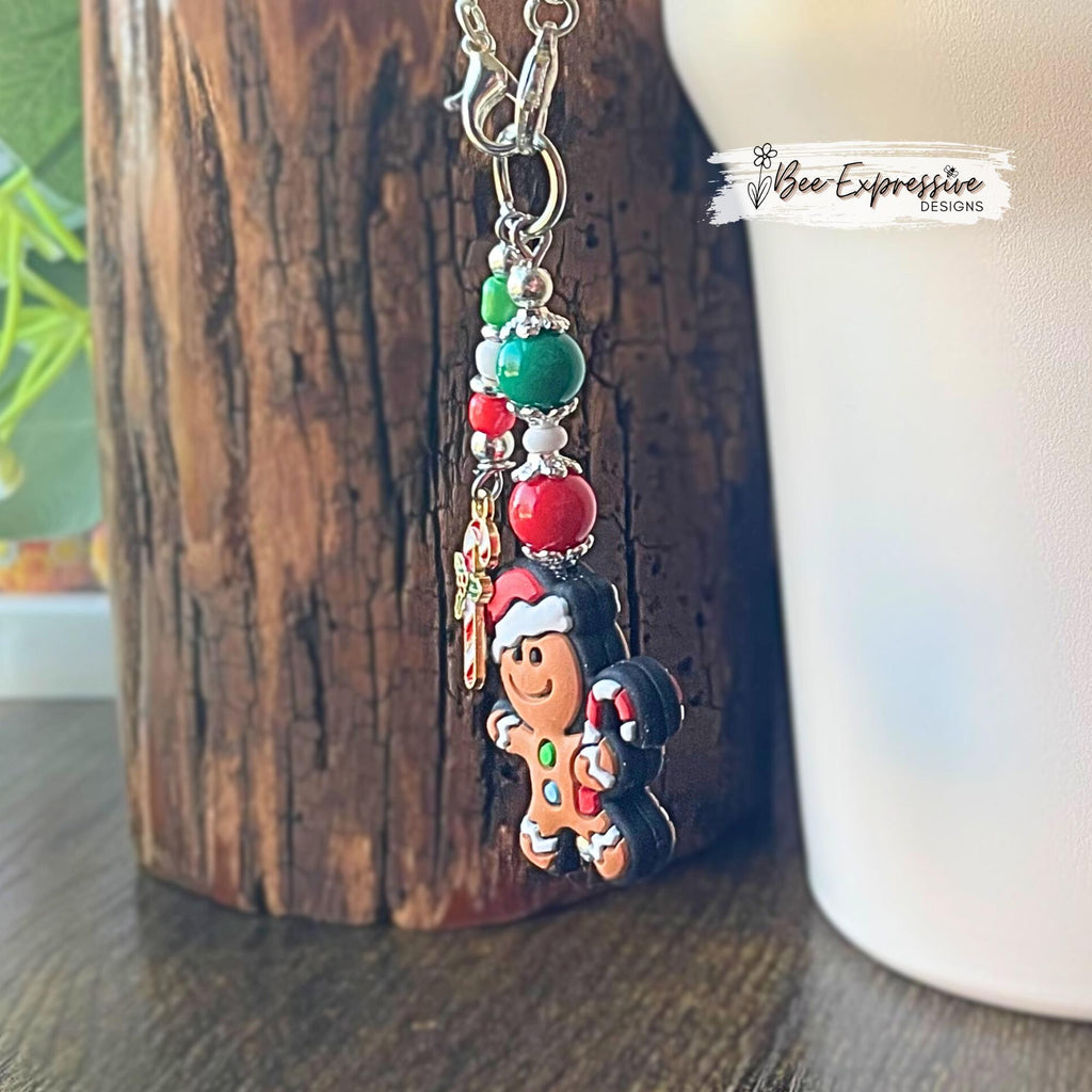 Handmade, unique GINGERBREAD man Christmas tumbler charm chain! Acrylic & silicone beads, floral bead caps, beaded tassel, candy cane charm!