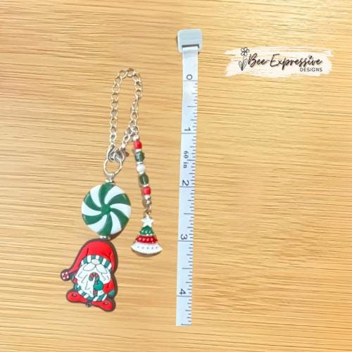 Handmade, unique, beaded SANTA CLAUSE GNOME, tumbler charm chain! Acrylic beads, Peppermint candy, beaded tassel with Christmas tree charm!