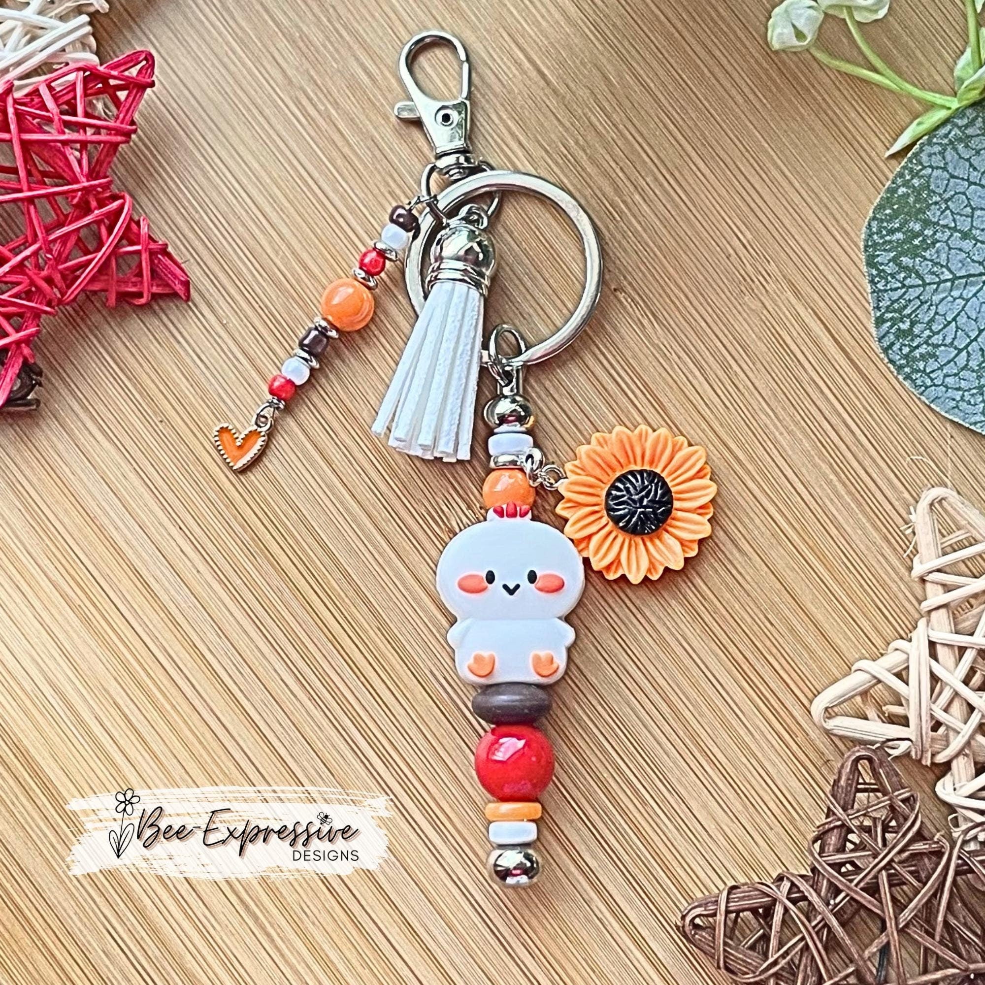 Handmade Silicone Chicken Keychain: Beaded Tassel & Flower Charm