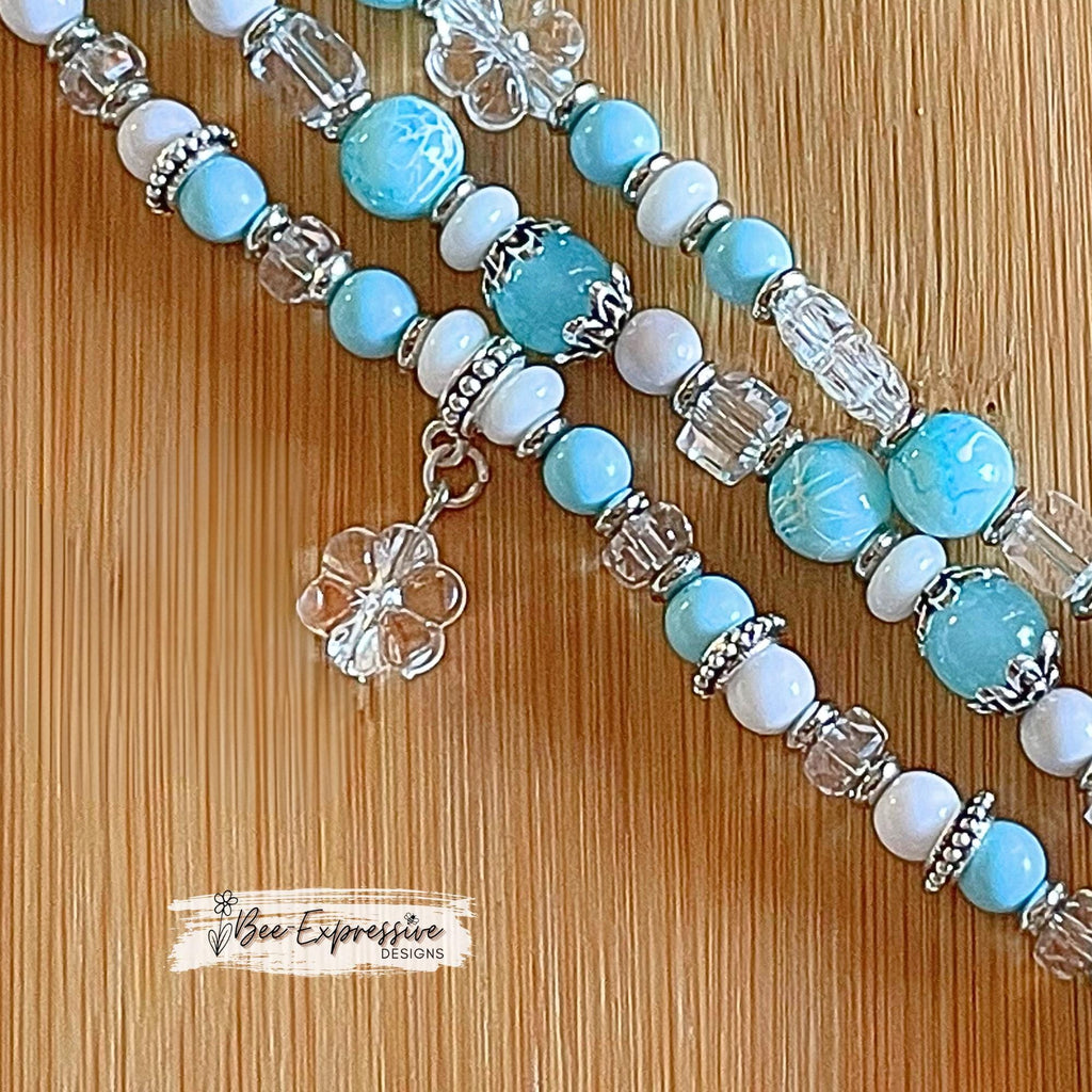 Handmade, unique, baby BLUE,WHITE,SILVER acrylic beaded watch bracelet! 3 charms, floral bead caps,  custom sizes, pick adapter color!!