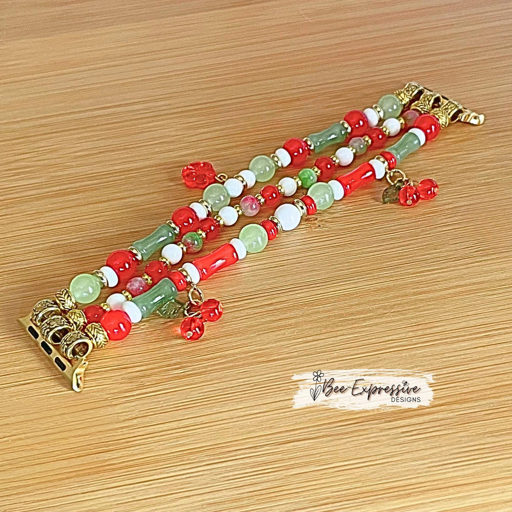 Handmade Cherry Beaded Apple Watch Bracelet with Charms