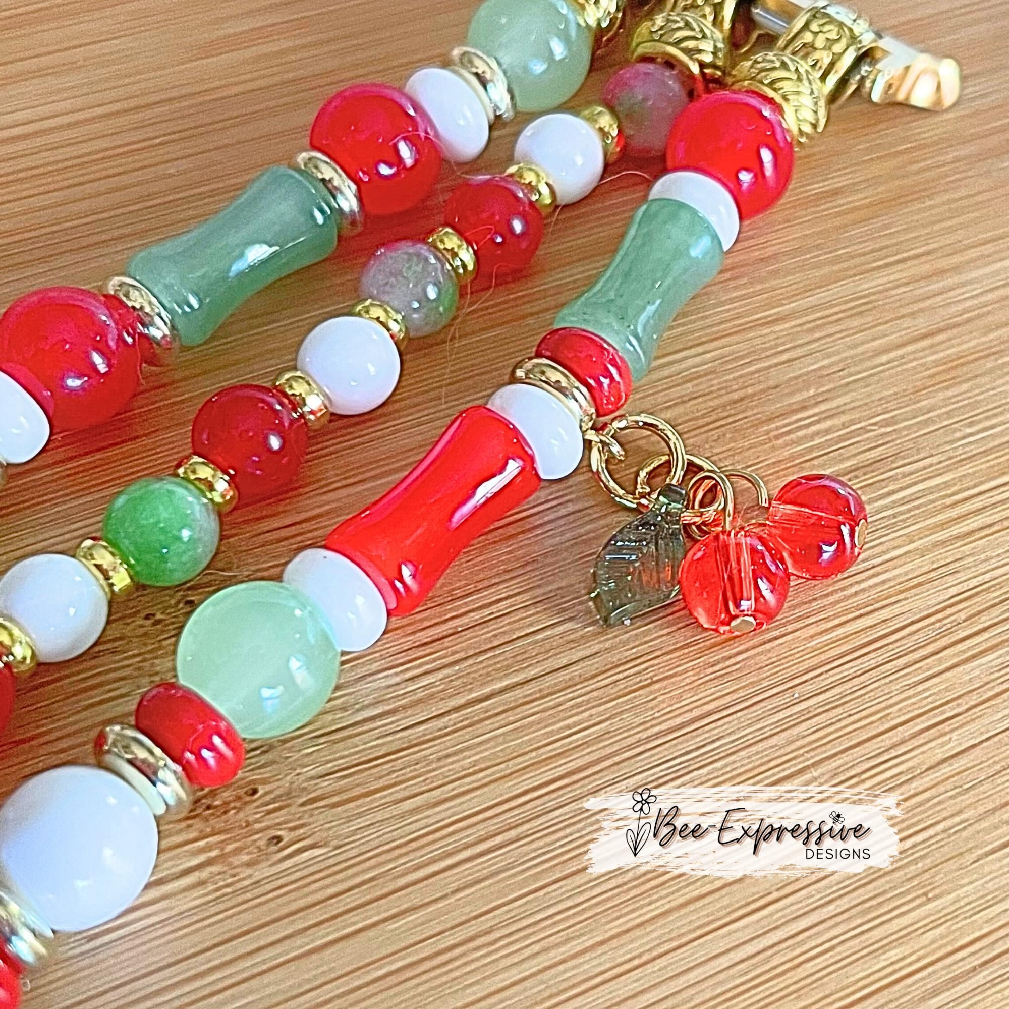 Handmade, unique, CHERRY beaded watch bracelet! 3 charms, acrylic and glass beads, cherry charms, custom sizes, pick adapter color!!