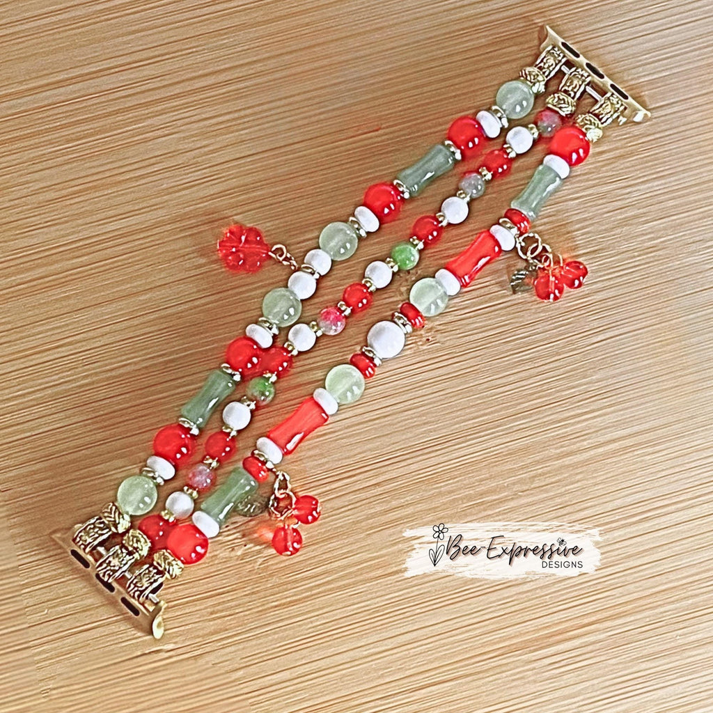Handmade, unique, CHERRY beaded watch bracelet! 3 charms, acrylic and glass beads, cherry charms, custom sizes, pick adapter color!!