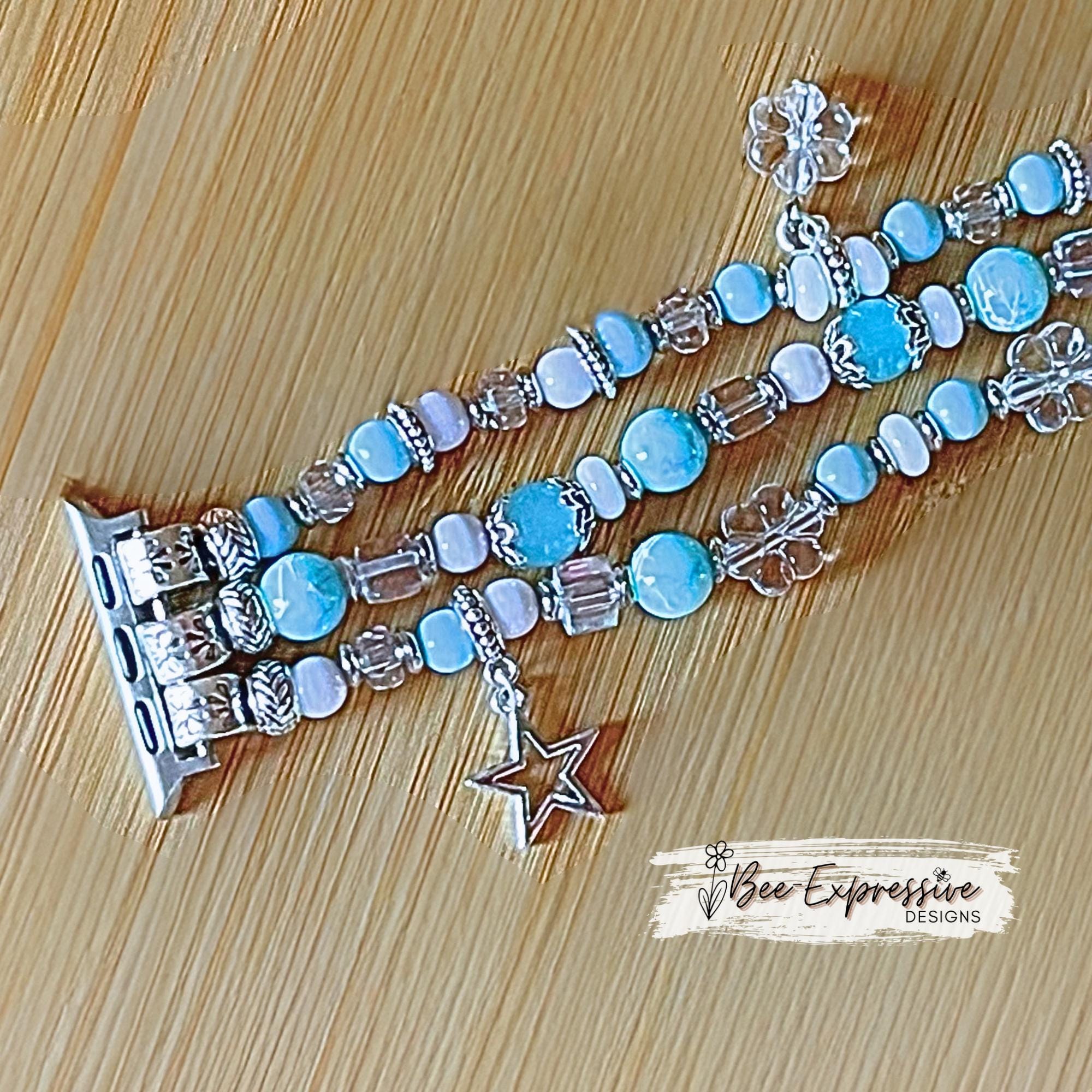 Handmade, unique, baby BLUE,WHITE,SILVER acrylic beaded watch bracelet! 3 charms, floral bead caps,  custom sizes, pick adapter color!!
