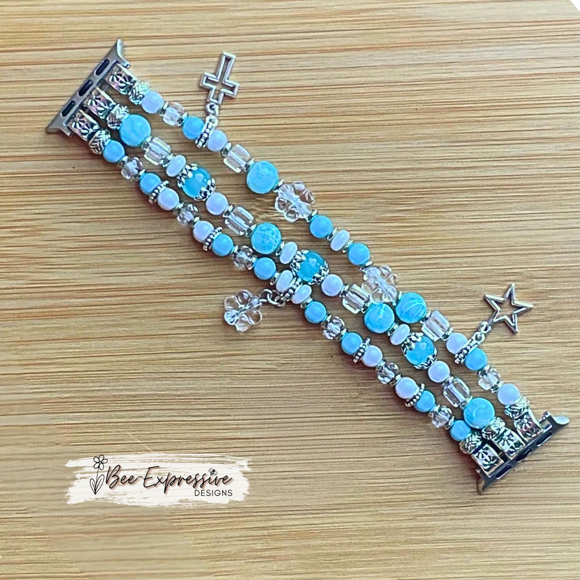 Handmade Beaded Watch Bracelet for Apple Watches: Cross, Star, and Flower Charms, custom sizes!