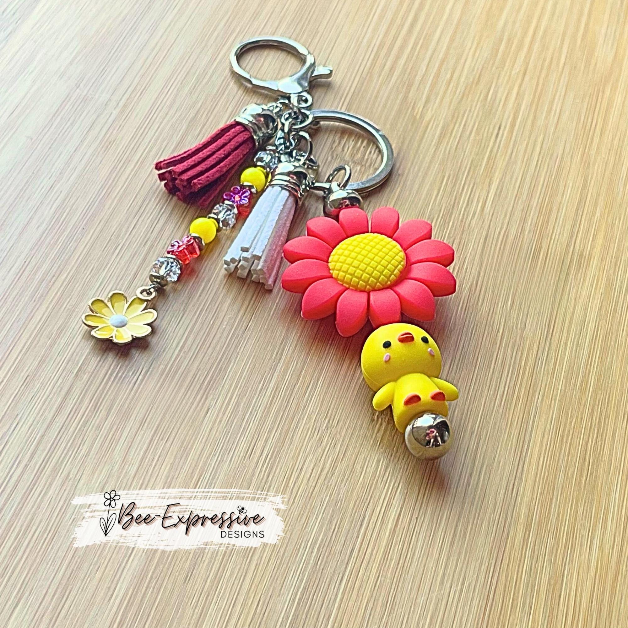 Handmade, silicone 3D DUCK & SUNFLOWER keychain! Lobster clasp, bead bar, acrylic beaded tassel with square beads and a yellow daisy charm!